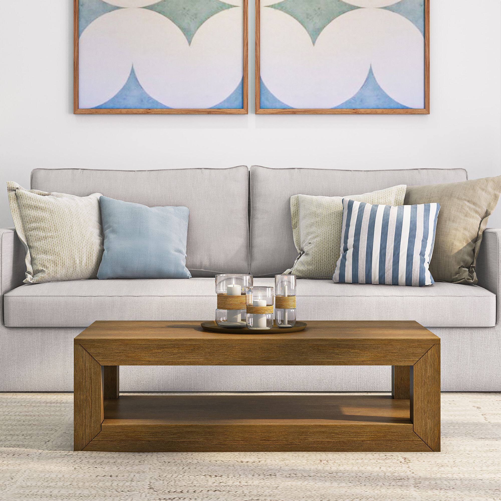 Alt View 1. Plank+Beam - Modern Rectangular Coffee Table with Bottom Shelf (48in x 24in / 1220mm x 610mm), Pecan Wirebrush - Pecan Wirebrush.