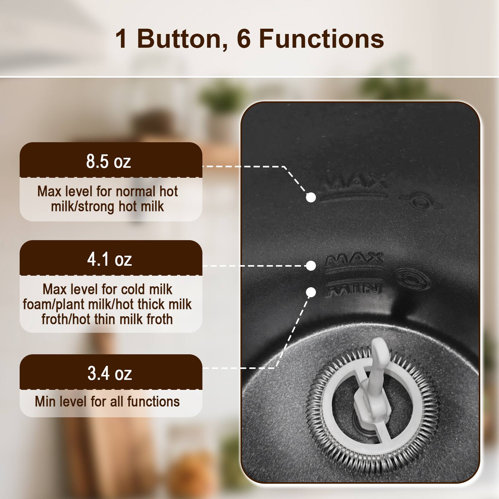 1 Button, 6 Functions

8.5 oz
Max level for normal hot milk/strong hot milk

4.1 oz
Max level for cold milk foam/plant milk/hot thick milk froth/hot thin milk froth

3.4 oz
Min level for all functions