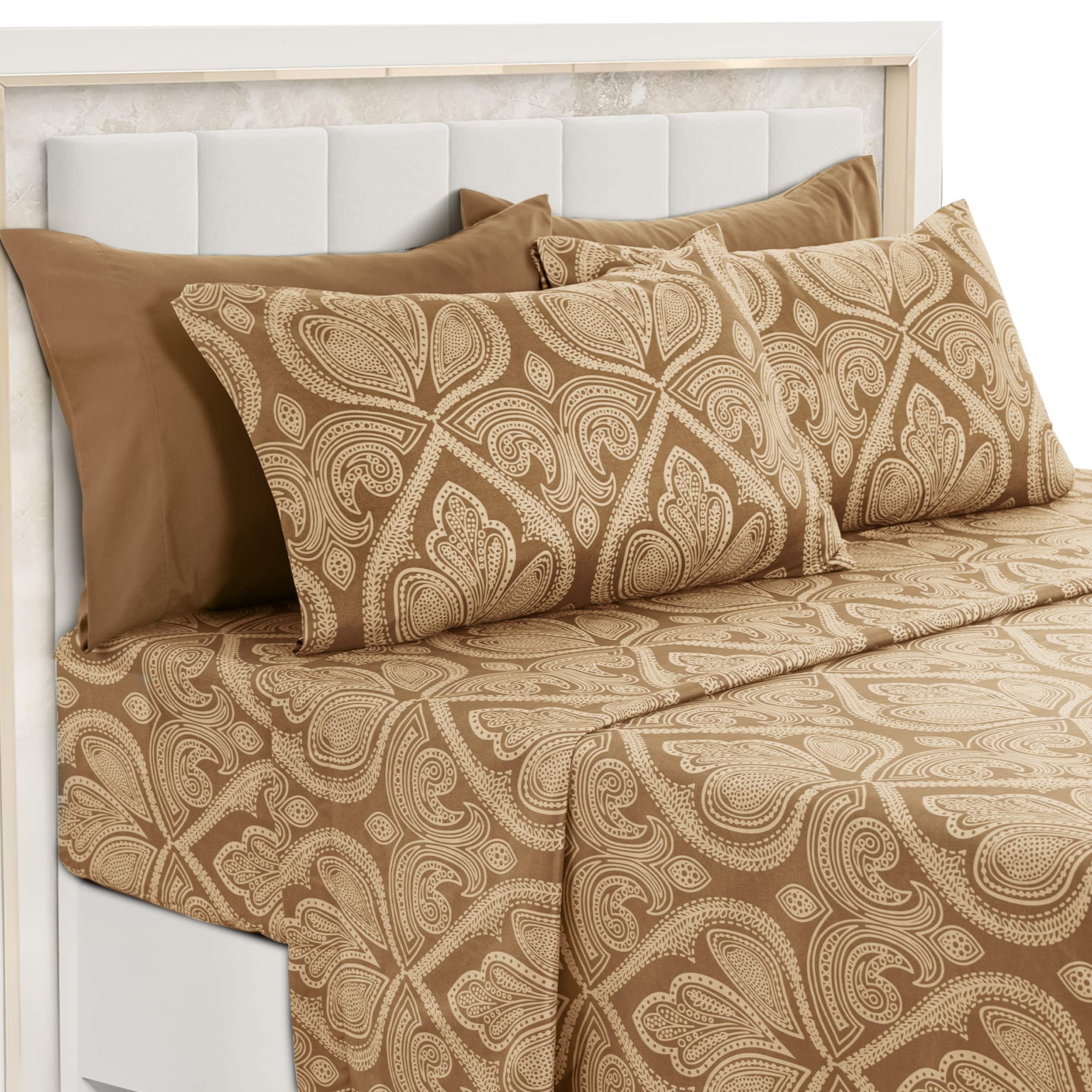 Lux Decor Collection - 6-Piece Queen Sheet Set, Paisley Design Brushed Microfiber Deep Pocket Sheets - Chocolate