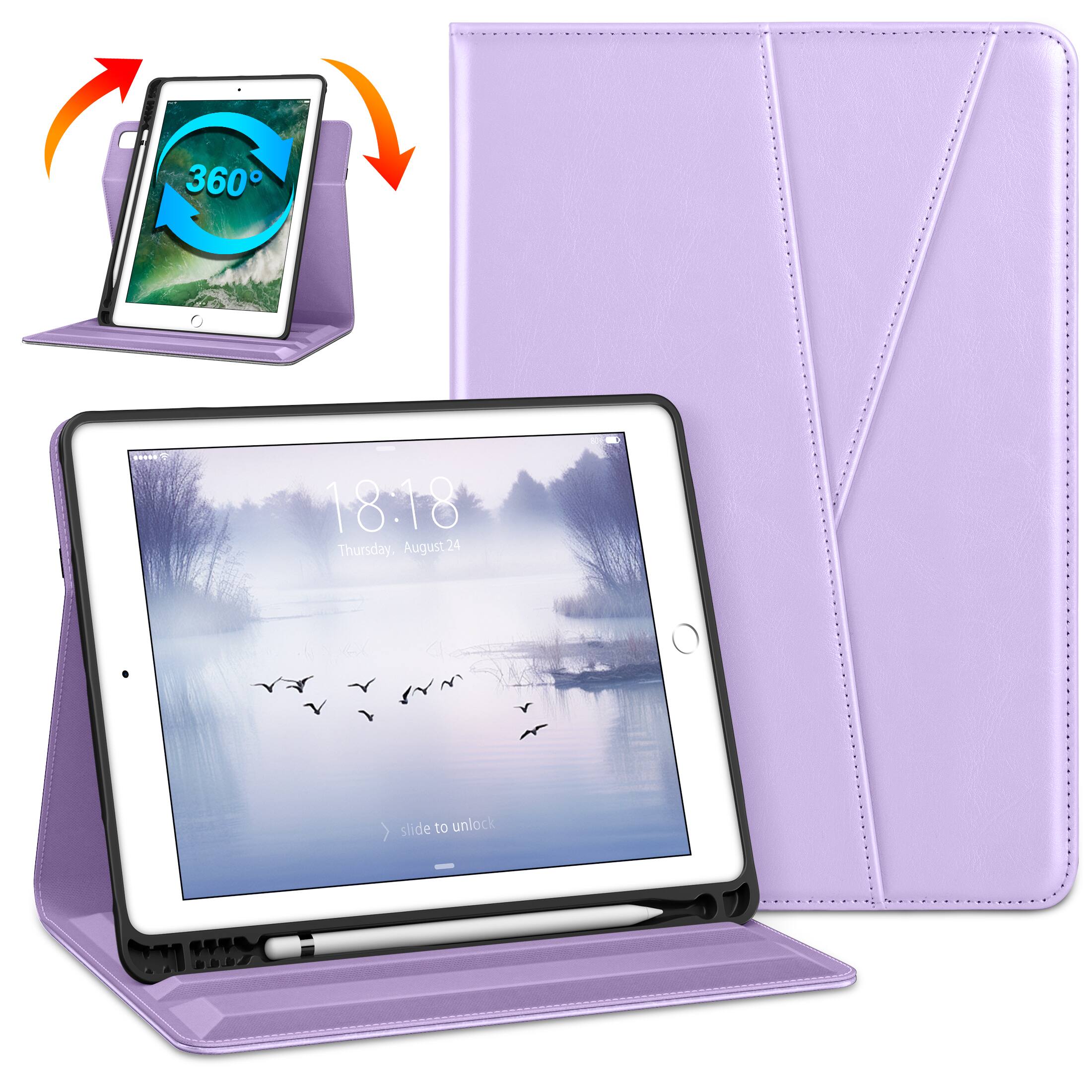 DTTO - Case for iPad 6/5 & Air 2/1 9.7" - 360° Rotating Leather Folio Stand with Pencil Holder & Auto Wake/Sleep - Lavender