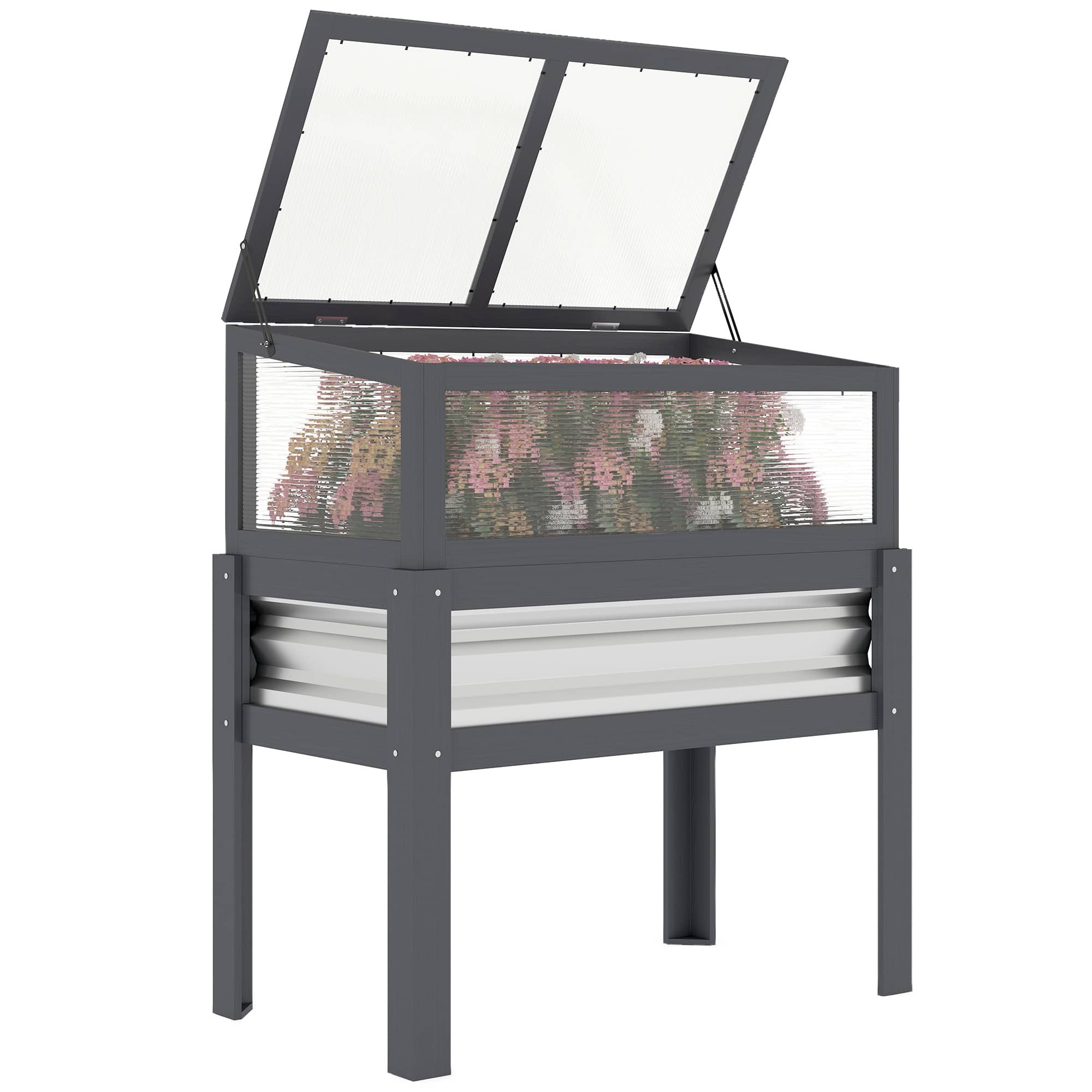 Outsunny - Wooden Raised Garden Bed with Flip-Up Greenhouse Top, Raised Garden Bed with Legs and Bed Liner