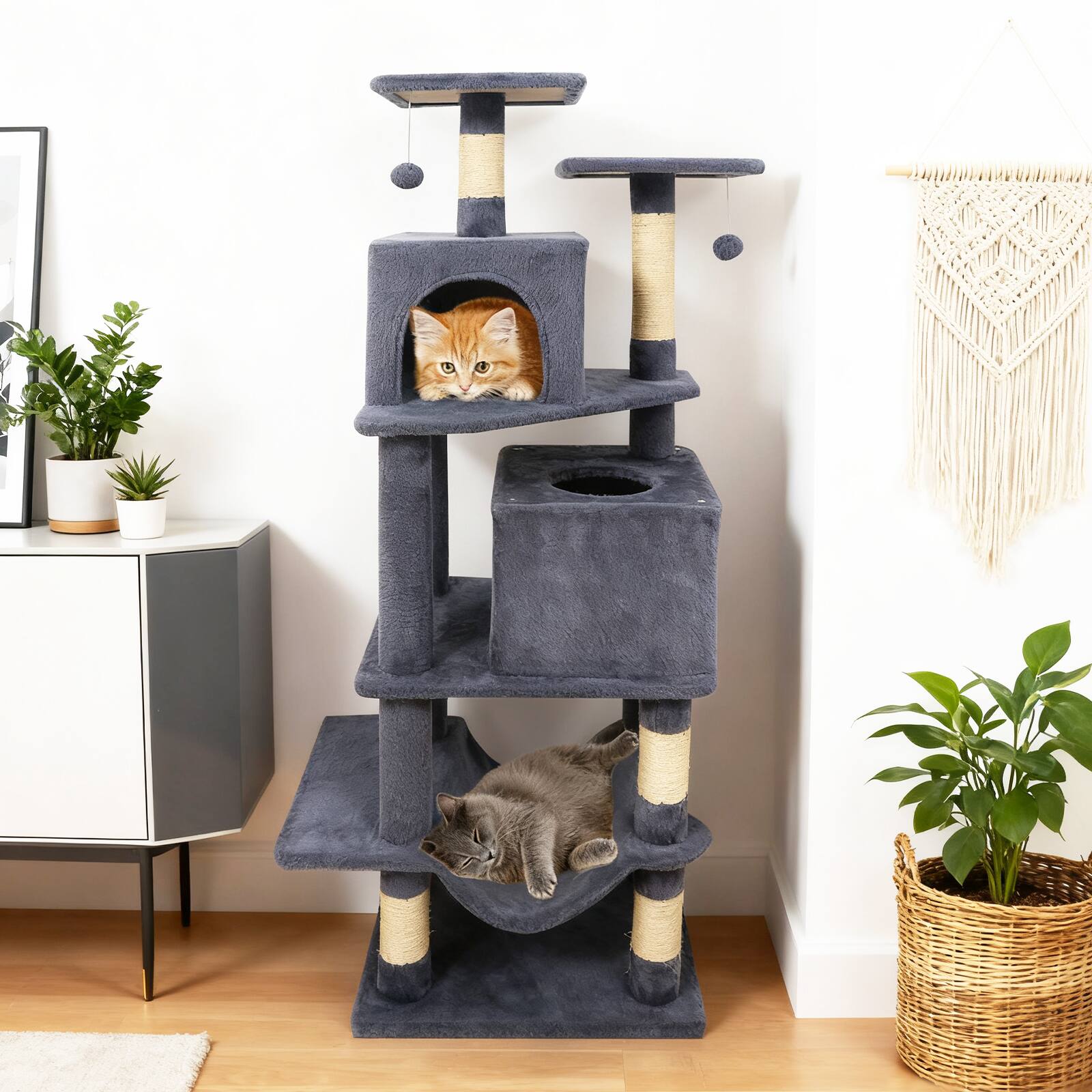 Alt View 3. Gymax - Gymax 57'' Cat Tree for Indoor Cats w/Dual Condos Hammock Sisal Scratching Posts Grey.