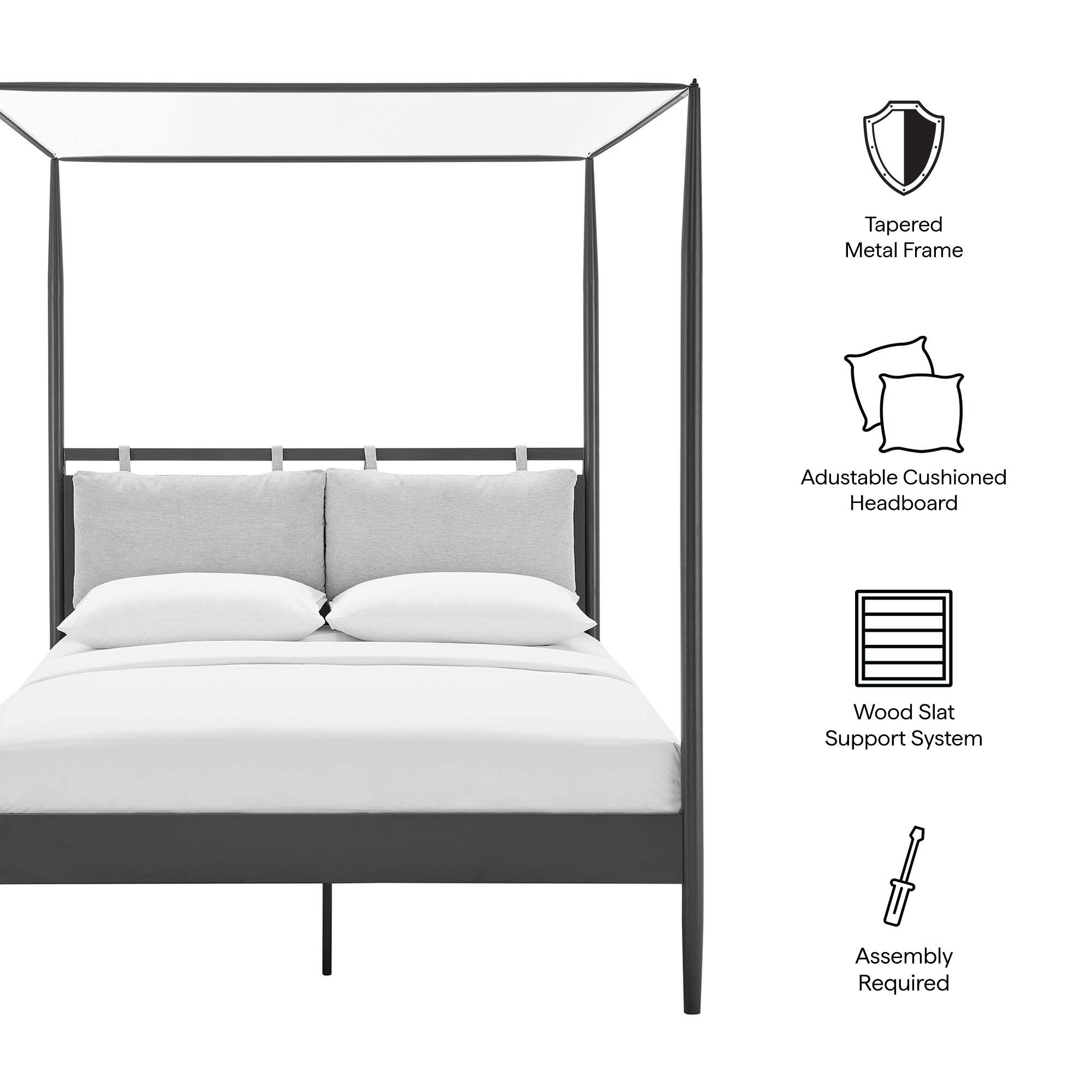 - Tapered Metal Frame
- Adjustable Cushioned Headboard
- Wood Slat Support System
- Assembly Required