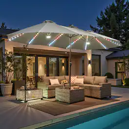 Ovios - 15ft Large Patio Umbrella with Base Outdoor Market Umbrella with Color-Changing Solar LED Lights - Light Gray