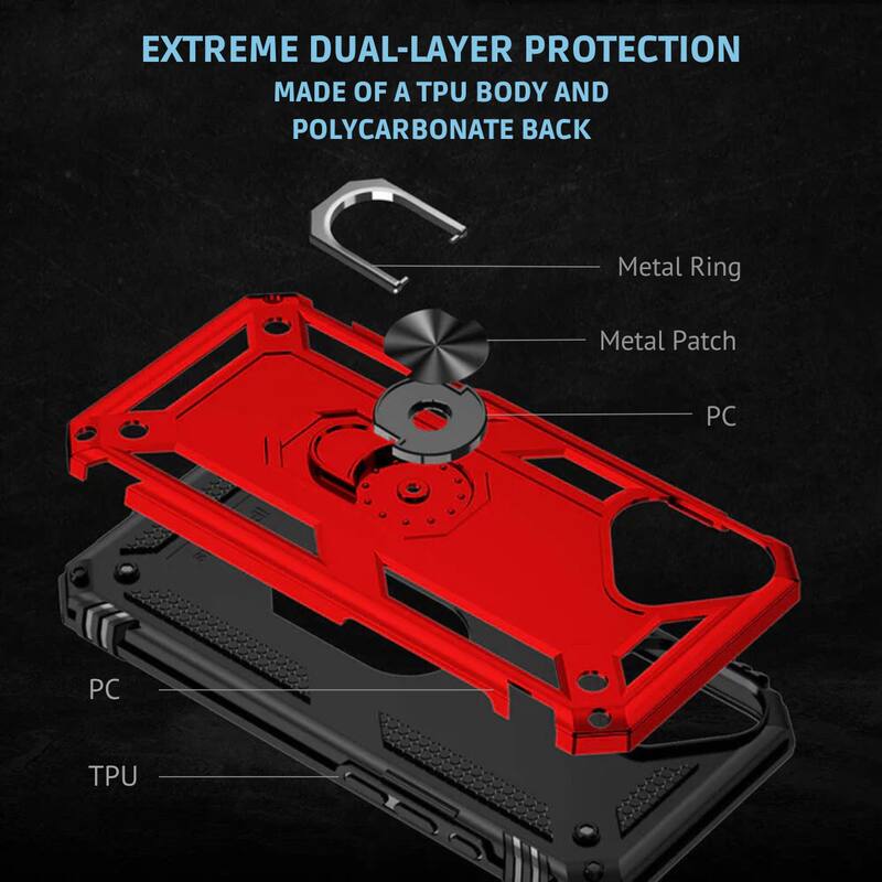 EXTREME DUAL-LAYER PROTECTION  
MADE OF A TPU BODY AND POLYCARBONATE BACK  

Metal Ring  
Metal Patch  
PC  
PC  
TPU