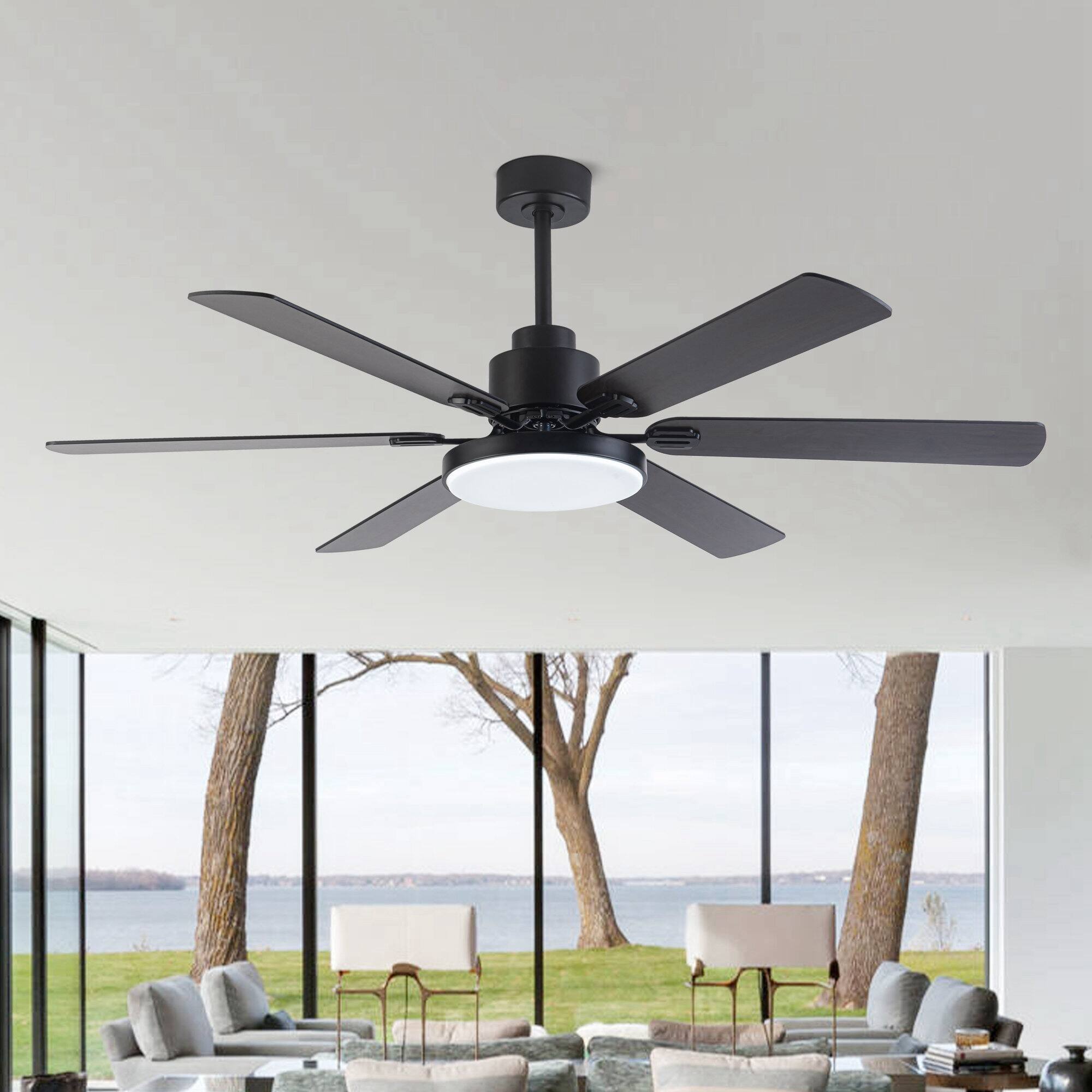 Left. Parrot Uncle - 60" Modern 6-Blade Dimmable LED Ceiling Fan with Light and Remote - Matte Black.
