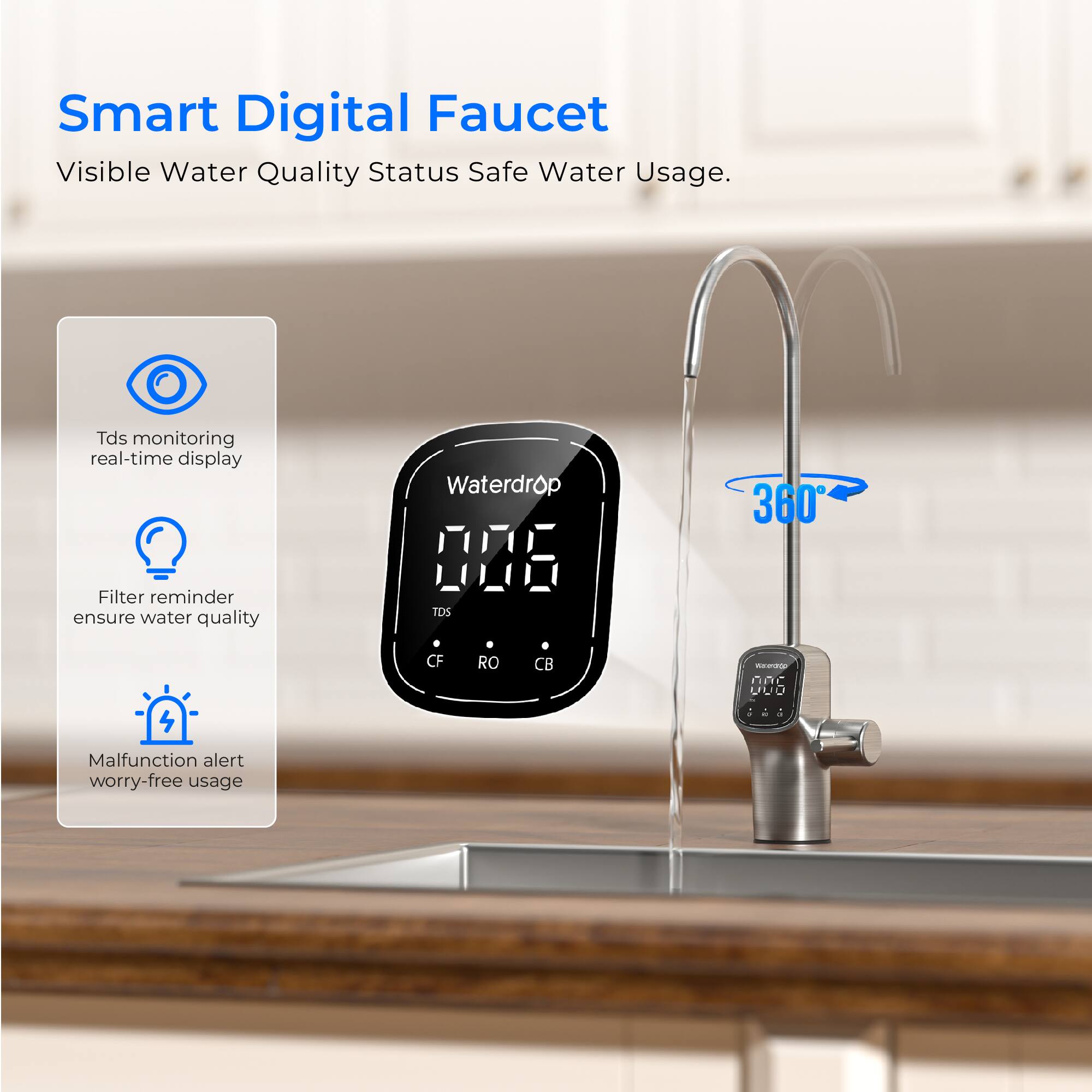 Smart Digital Faucet Visible Water Quality Status Safe Water Usage. Tds monitoring real-time display Filter reminder ensure water quality Malfunction alert worry-free usage. Waterdrop 006 TDS 360 CF RO CB.
