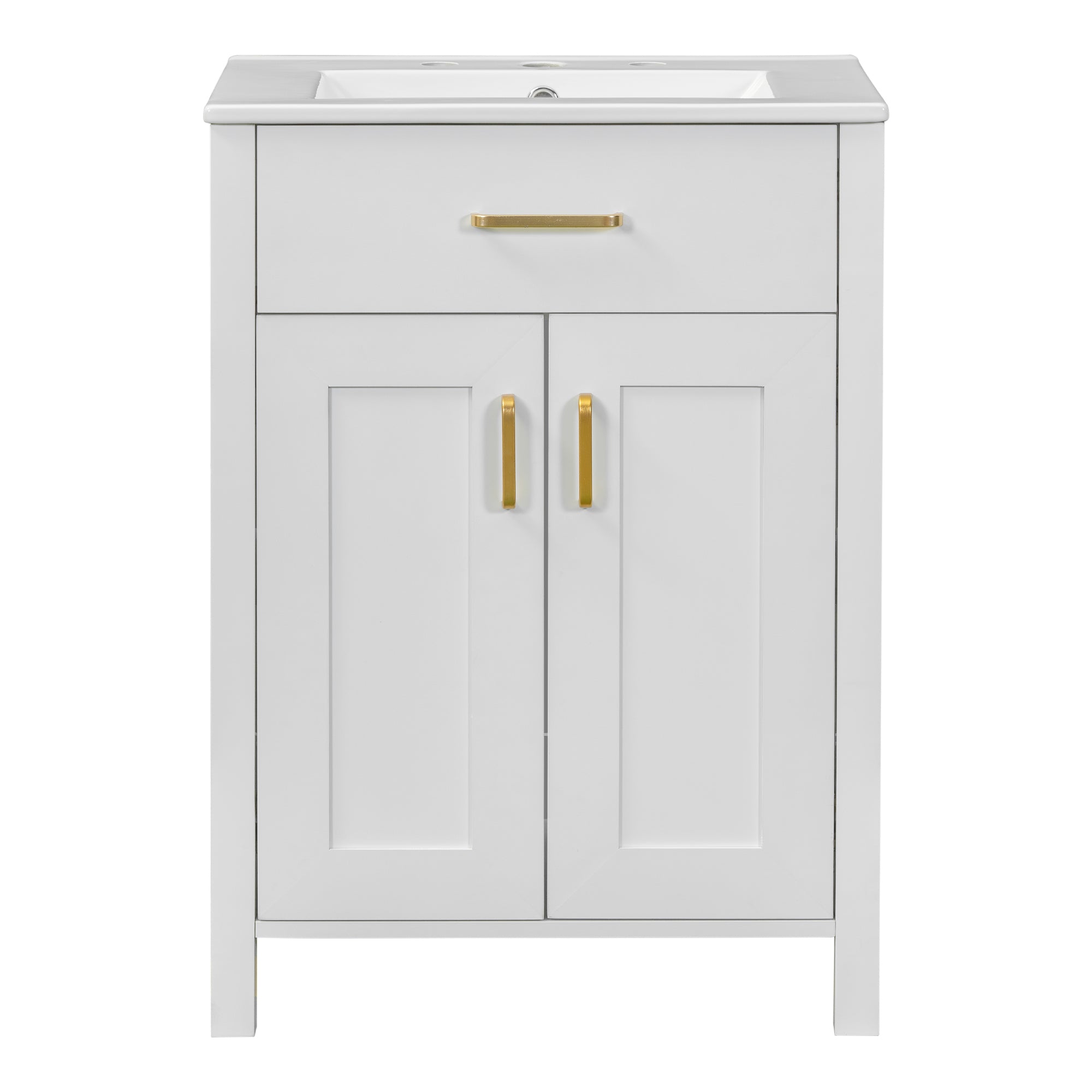 Angle. Boyel Living - 48 Inch Double Bathroom Vanity with Dual Ceramic Sinks, Soft-Close Doors, Flip Drawer, Gold Handles, Adjustable Shelf - White.