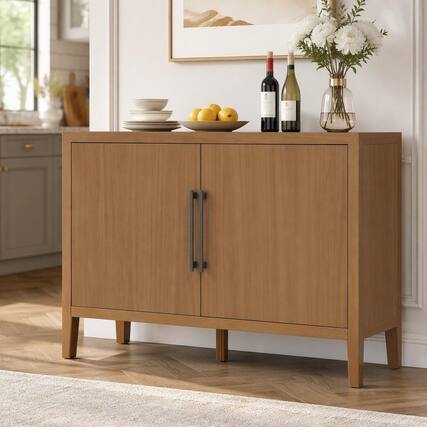 Front. RYHNUYNE - Freestanding 47.25 Inch Farmhouse Sideboard with 2 Doors and Adjustable Feet, Wooden Storage Cabinet - Natural.