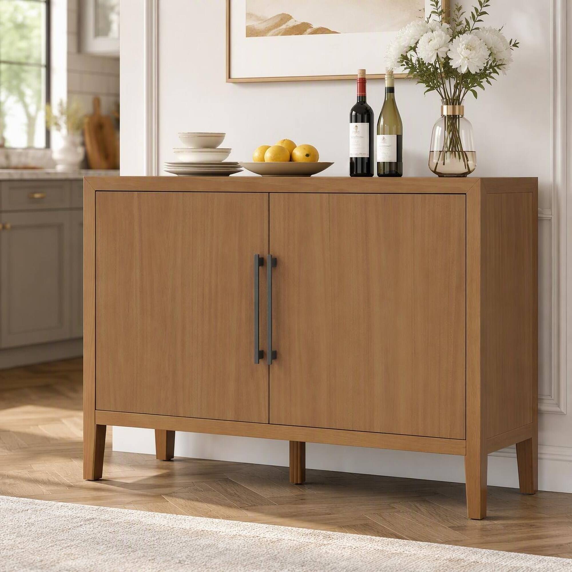 Front. RYHNUYNE - Freestanding 47.25 Inch Farmhouse Sideboard with 2 Doors and Adjustable Feet, Wooden Storage Cabinet - Natural.