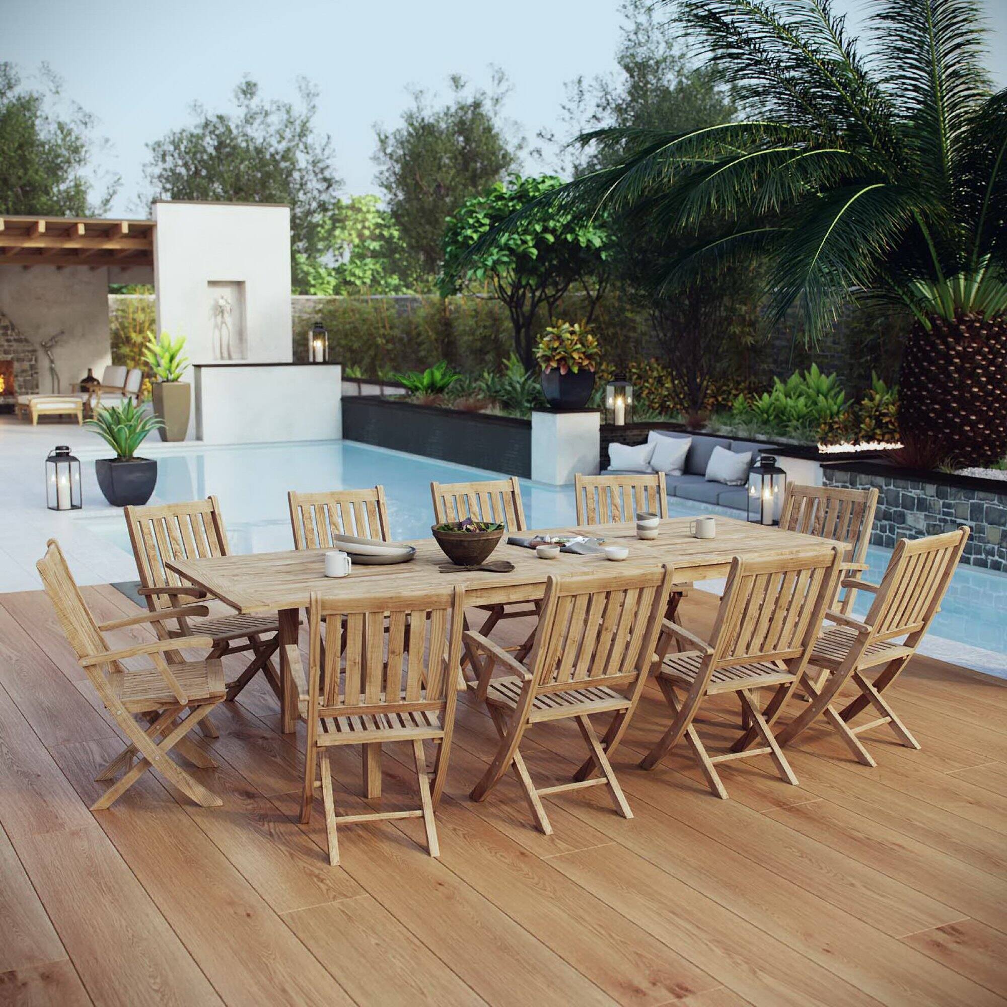 Alt View 6. Modway - 11-Piece Outdoor Teak Dining Set - Seats 10, Solid Teak Table with Cushioned Chairs - Natural.