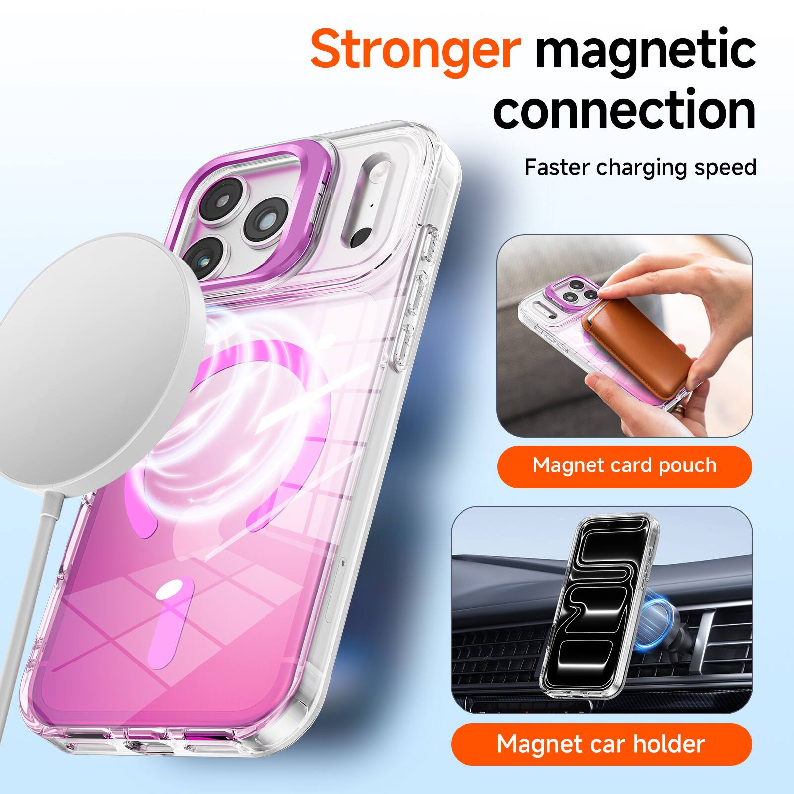 Stronger magnetic connection  
Faster charging speed  
Magnet card pouch  
Magnet car holder