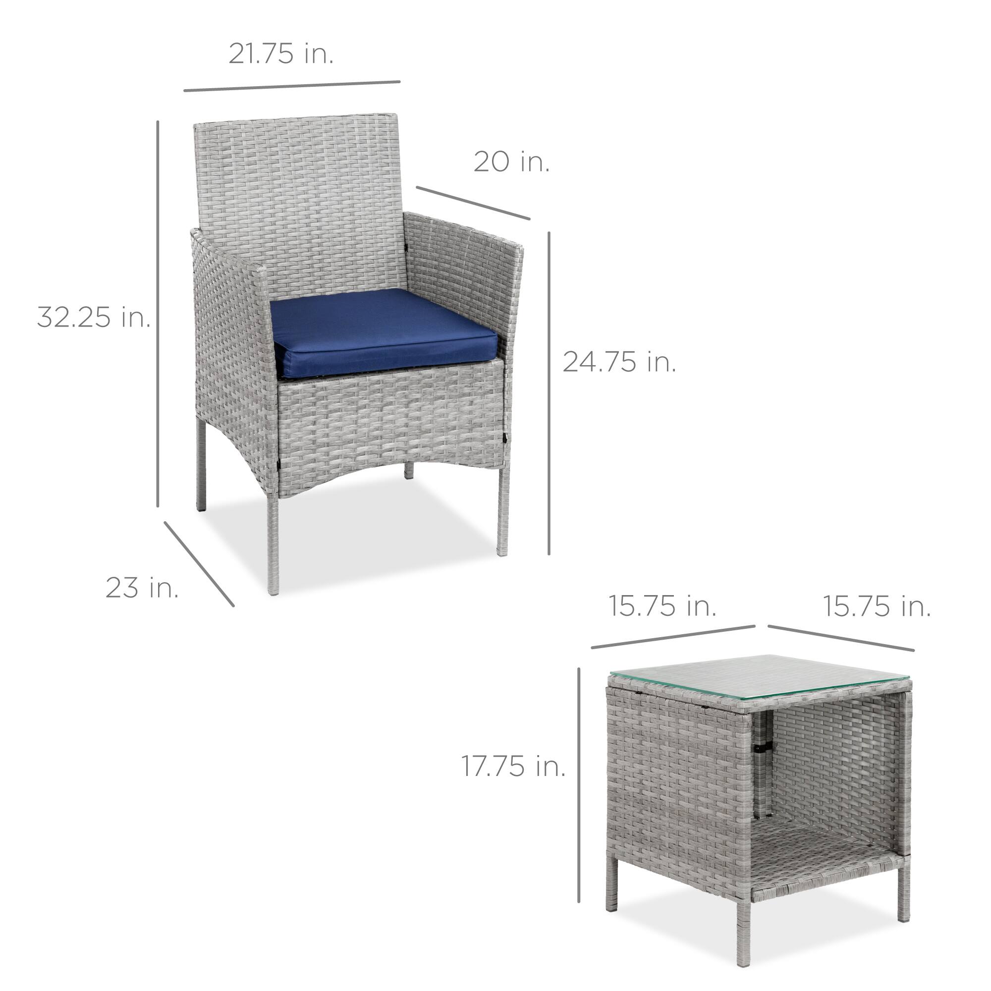 - Armchair:
  - Height: 32.25 in.
  - Width: 21.75 in.
  - Depth: 24.75 in.
  - Seat Height: 17.75 in.
  - Seat Depth: 20 in.

- Coffee Table:
  - Height: 15.75 in.
  - Width: 15.75 in.
  - Depth: 23 in.