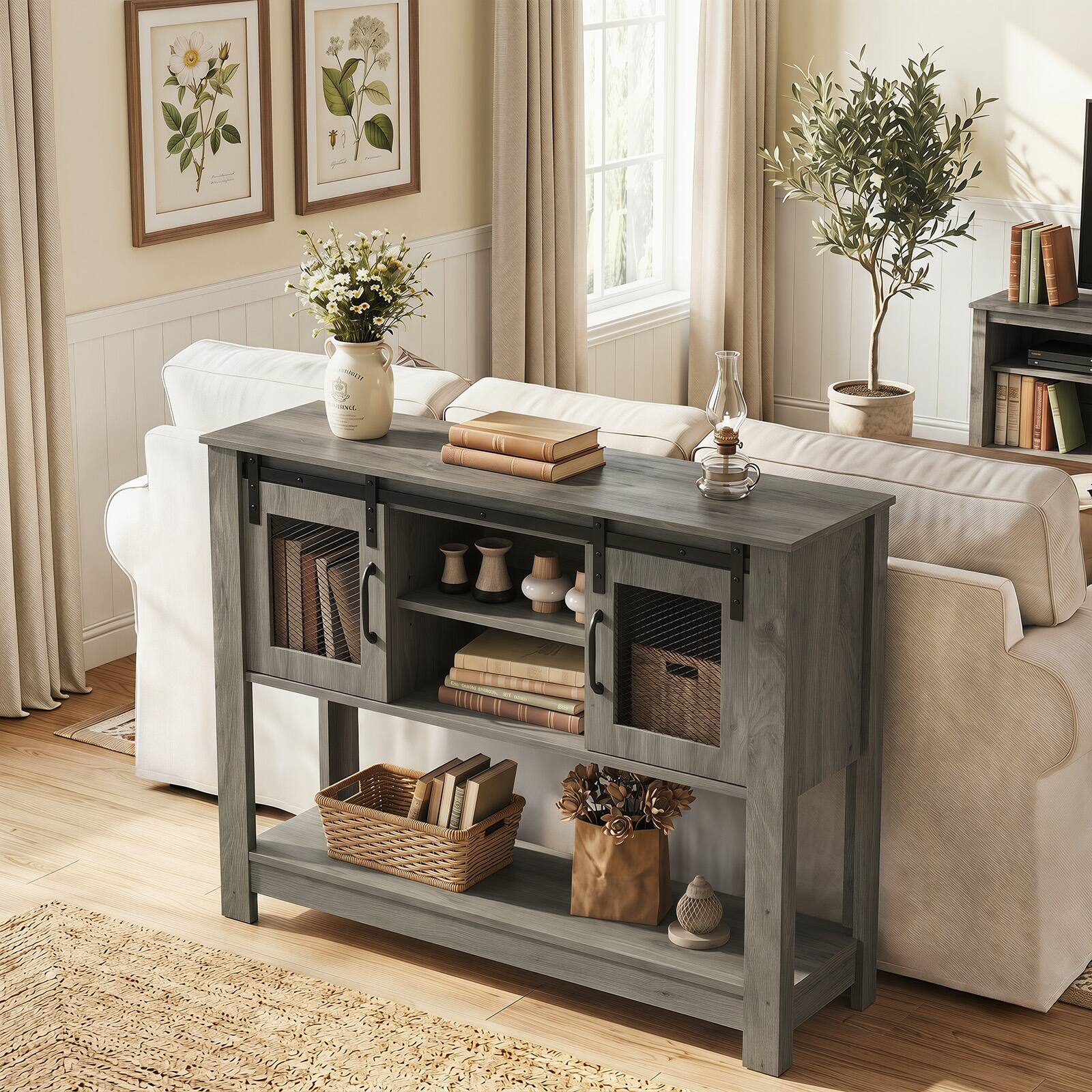 Alt View 1. Gymax - Gymax 40'' Console Table w/ Sliding Barn Doors Storage Cabinets & Adjustable Shelf Gray Oak - Gray.
