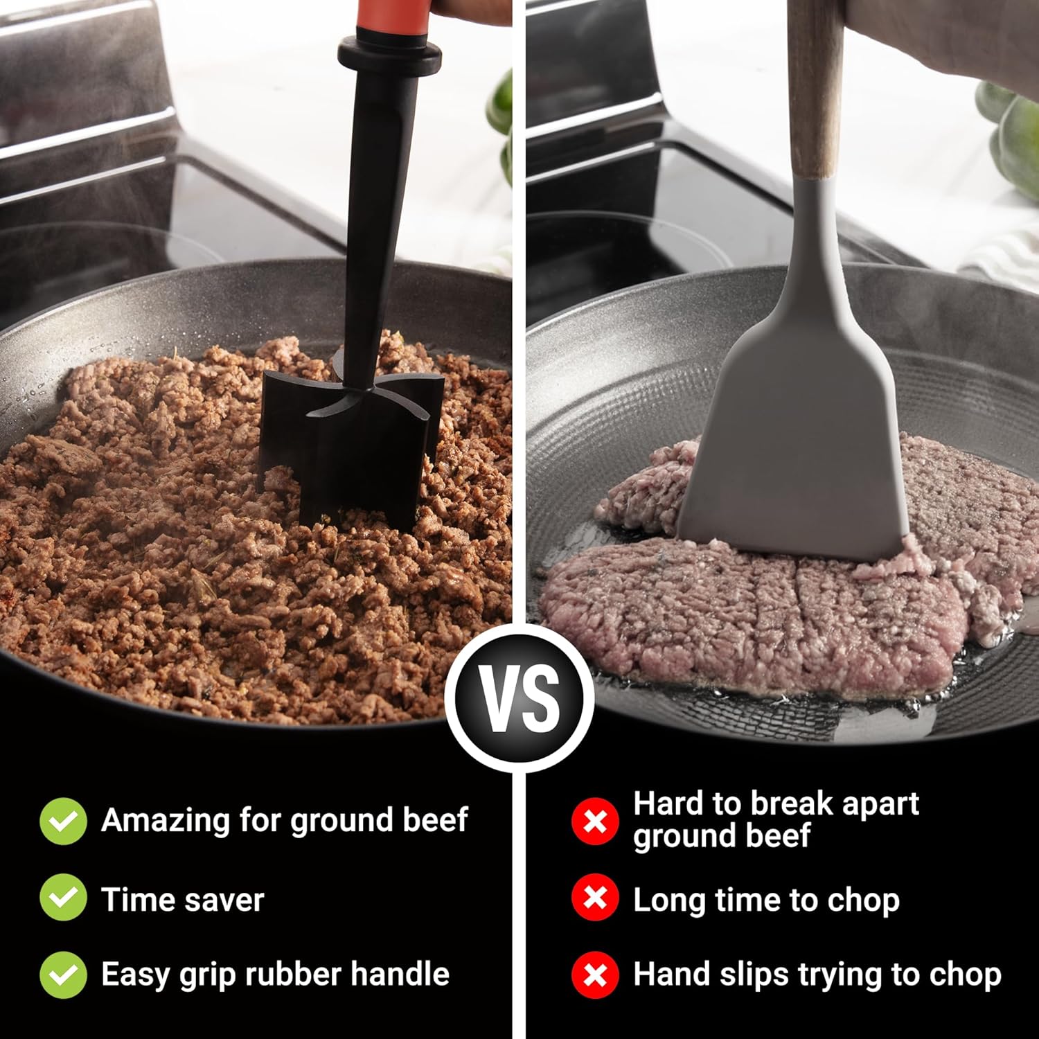 Amazing for ground beef, Time saver, Easy grip rubber handle, Hard to break apart ground beef, Long time to chop, Hand slips trying to chop