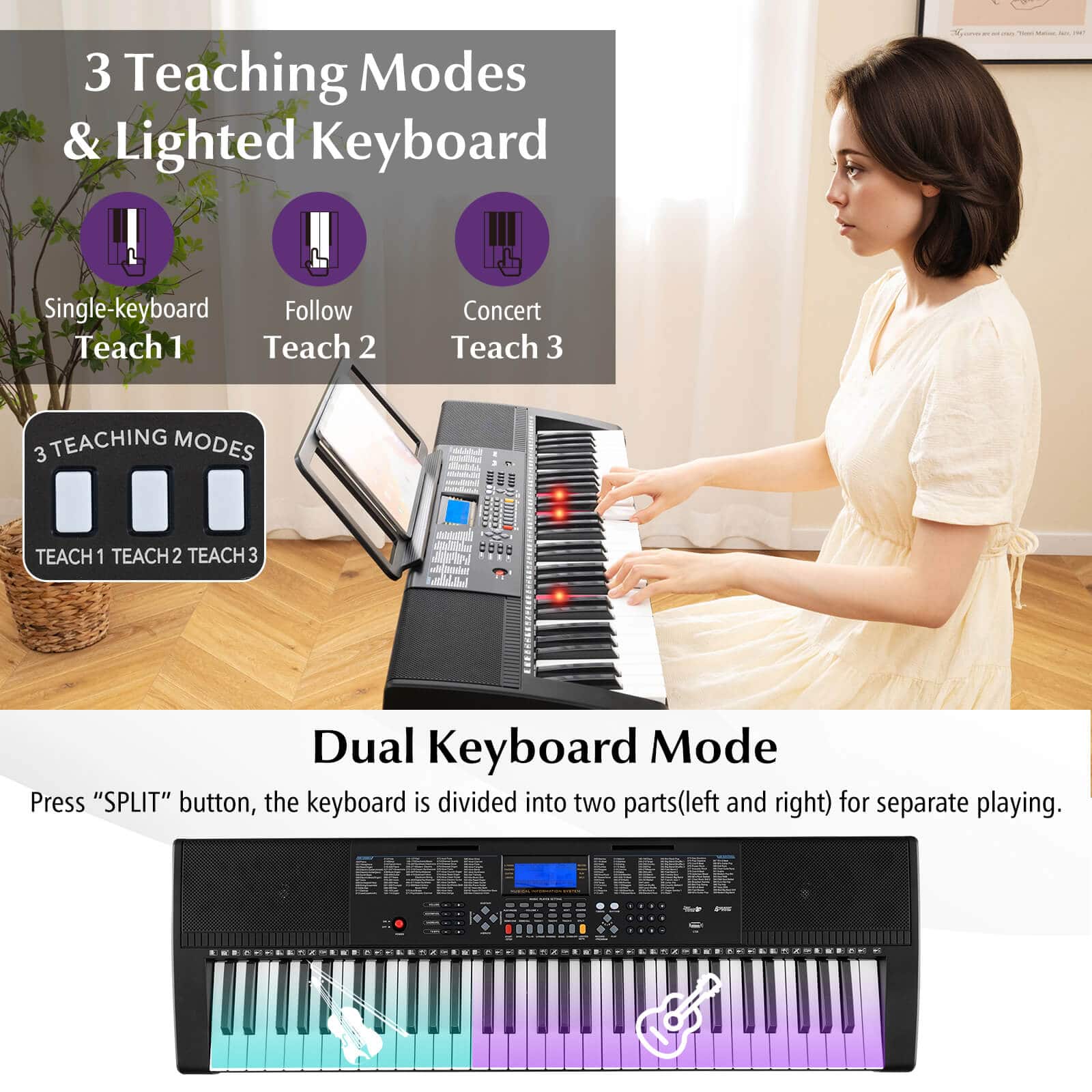 3 Teaching Modes & Lighted Keyboard
- Single-keyboard Teach 1
- Follow Teach 2
- Concert Teach 3
3 TEACHING MODES
TEACH 1 TEACH 2 TEACH 3
Dual Keyboard Mode
Press "SPLIT" button, the keyboard is divided into two parts (left and right) for separate playing.
