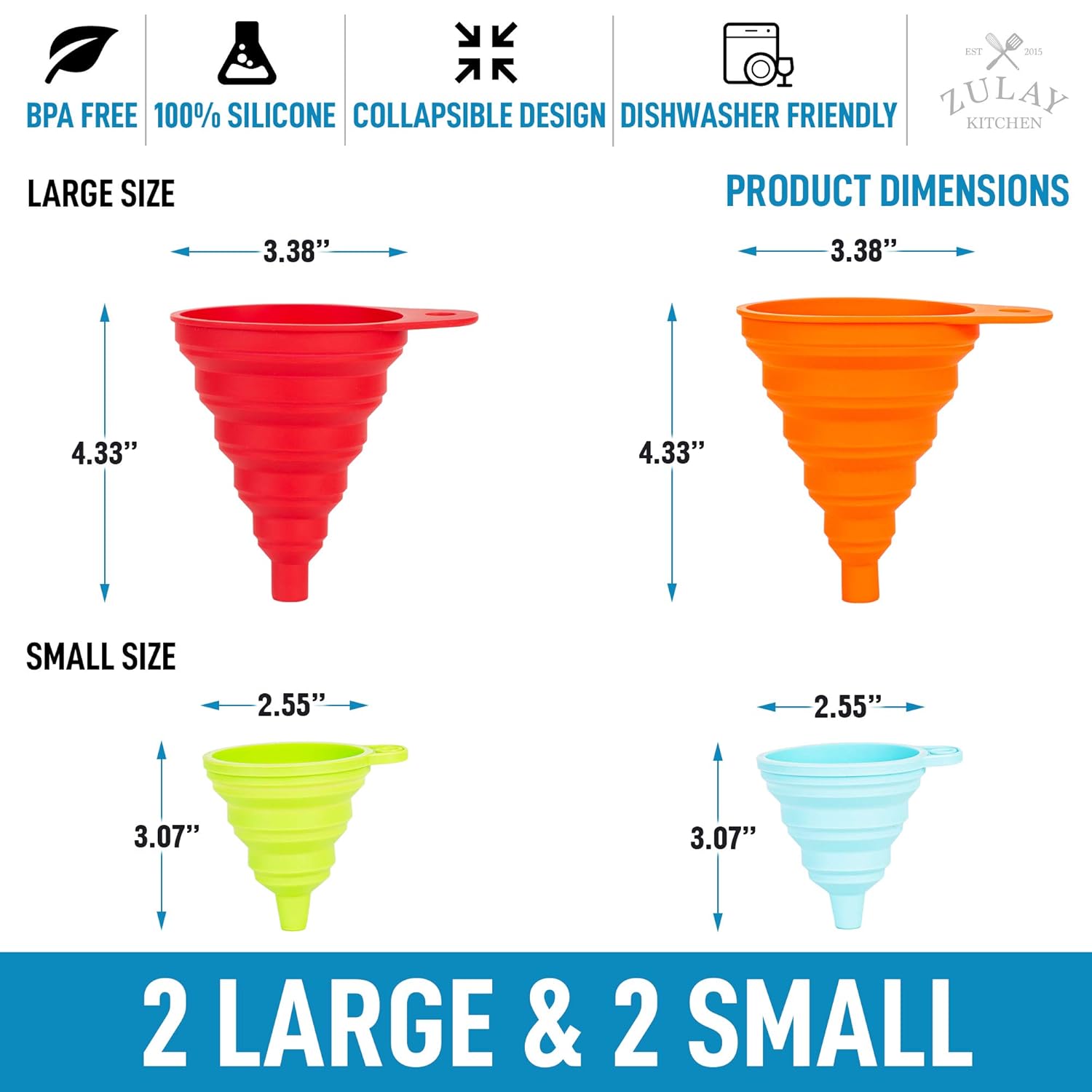 BPA FREE  
100% SILICONE  
COLLAPSIBLE DESIGN  
DISHWASHER FRIENDLY  

PRODUCT DIMENSIONS  

LARGE SIZE  
3.38" x 3.38" x 4.33"  

SMALL SIZE  
2.55" x 2.55" x 3.07"  

2 LARGE & 2 SMALL