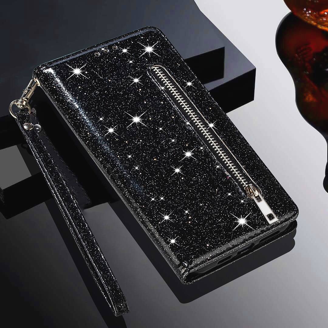 Alt View 3. Dteck - Glitter Zipper Wallet Case for Samsung Galaxy S25 Card Holder Wrist Strap Shockproof PU Leather Cover - Black.