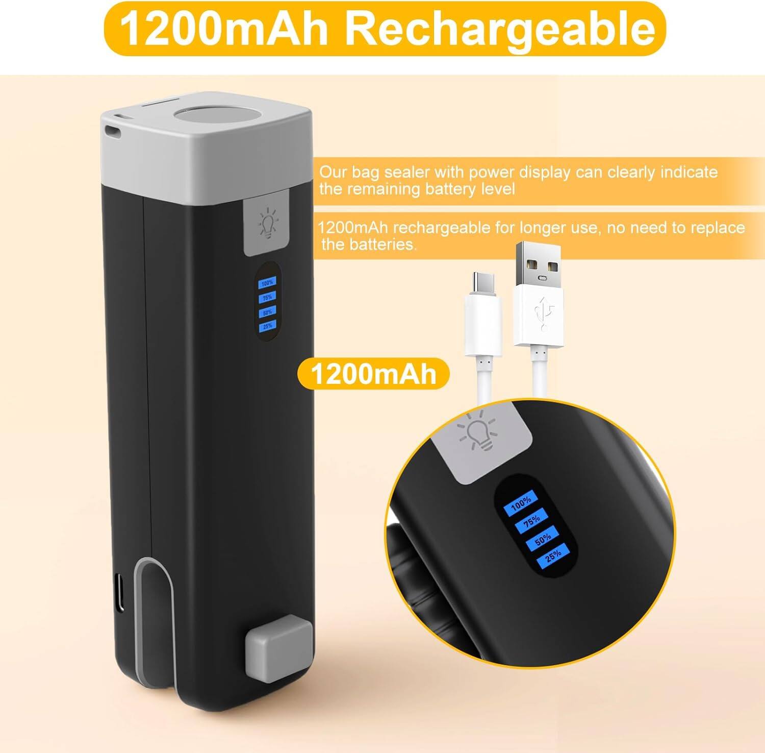 1200mAh Rechargeable

Our bag sealer with power display can clearly indicate the remaining battery level. 1200mAh rechargeable for longer use, no need to replace the batteries.

1200mAh