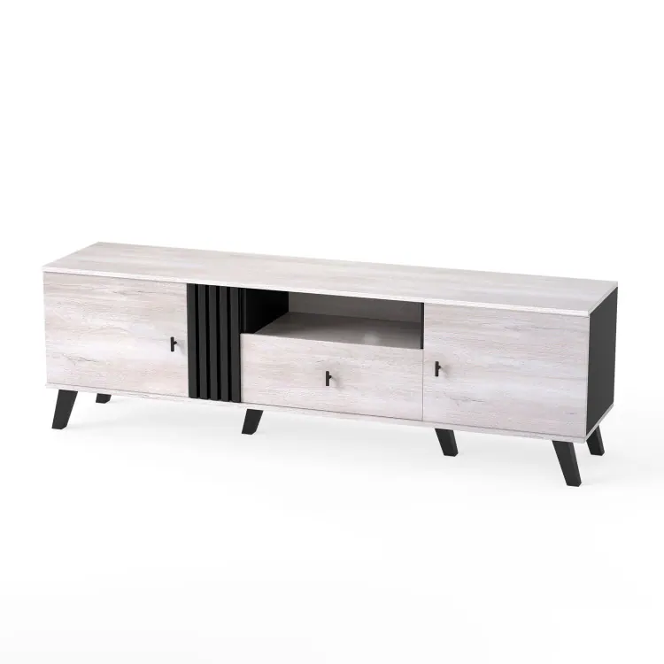 Front. SlickBlue - Mid Century Modern TV Stand with Storage, Stylish Entertainment Center for Living Room - Oak, Black.