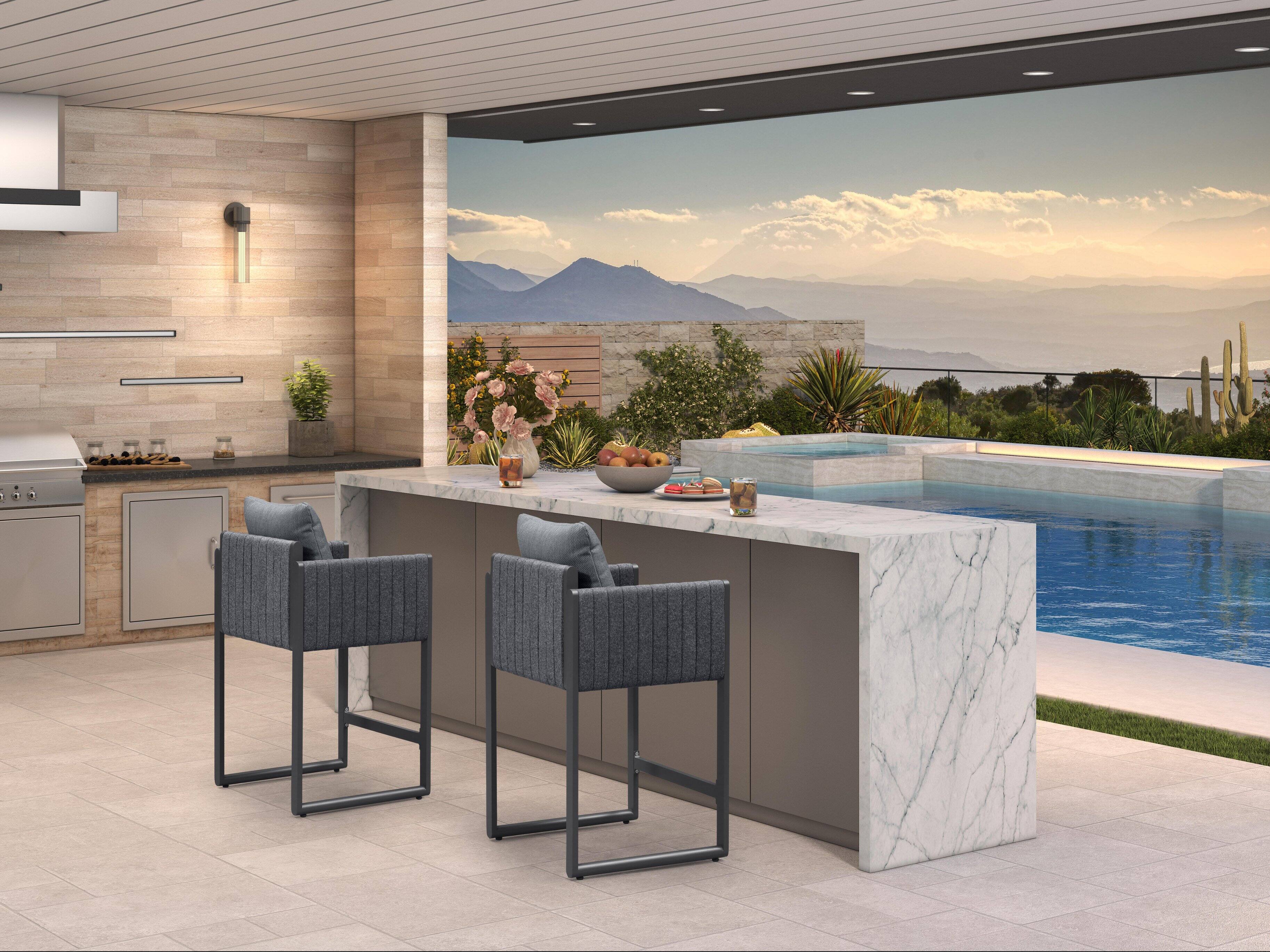 Alt View 2. PURPLE LEAF - Outdoor Counter Height Stool Set of 2 Aluminum Modern Olefin Barstools with Backrest Pillow for Garden Balcony Lawn - Grey & Oval Base.