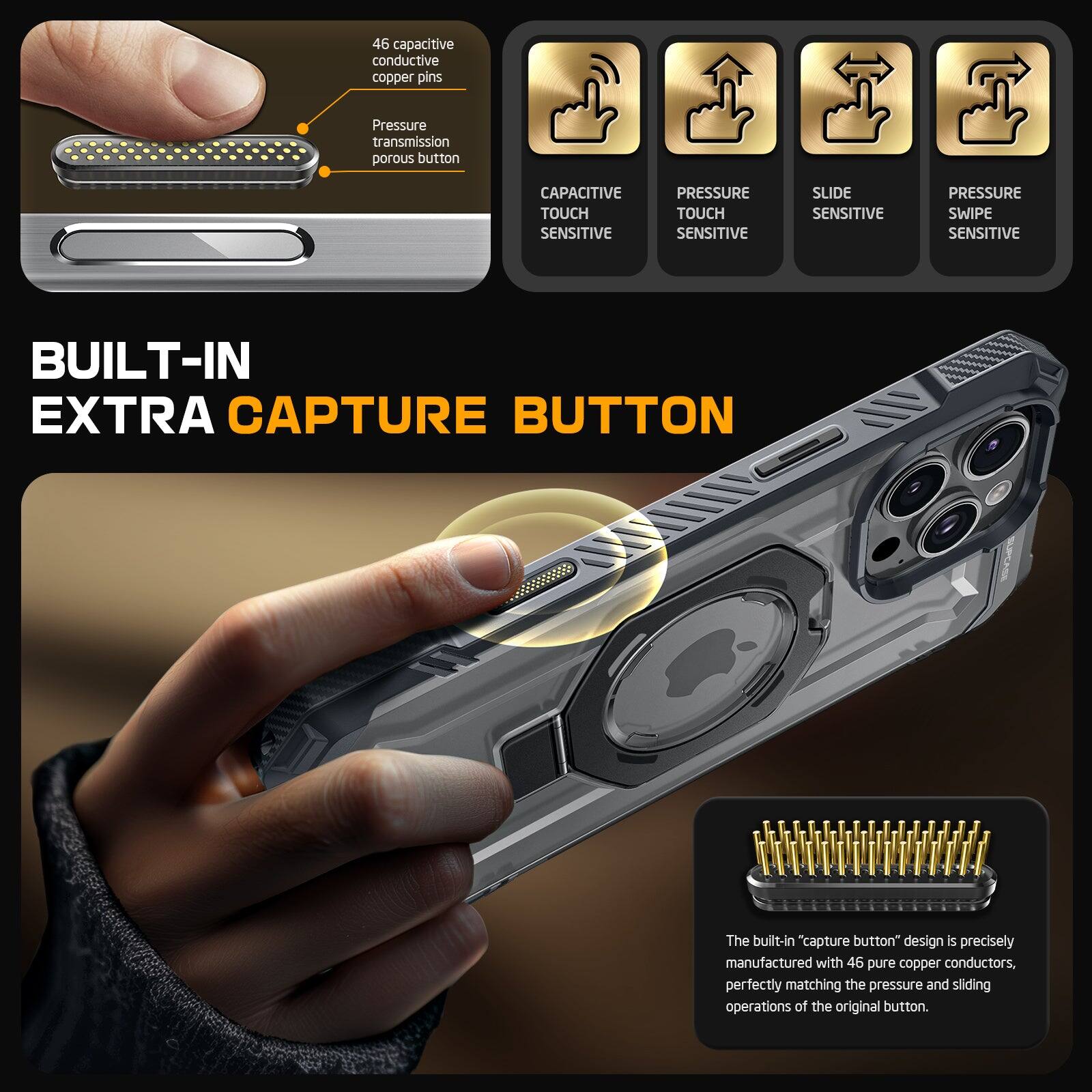 46 capacitive conductive copper pins Pressure transmission porous button CAPACITIVE TOUCH SENSITIVE PRESSURE TOUCH SENSITIVE SLIDE SENSITIVE PRESSURE SWIPE SENSITIVE BUILT-IN EXTRA CAPTURE BUTTON The built-in "capture button" design is precisely manufactured with 46 pure copper conductors, perfectly matching the pressure and sliding operations of the original button.