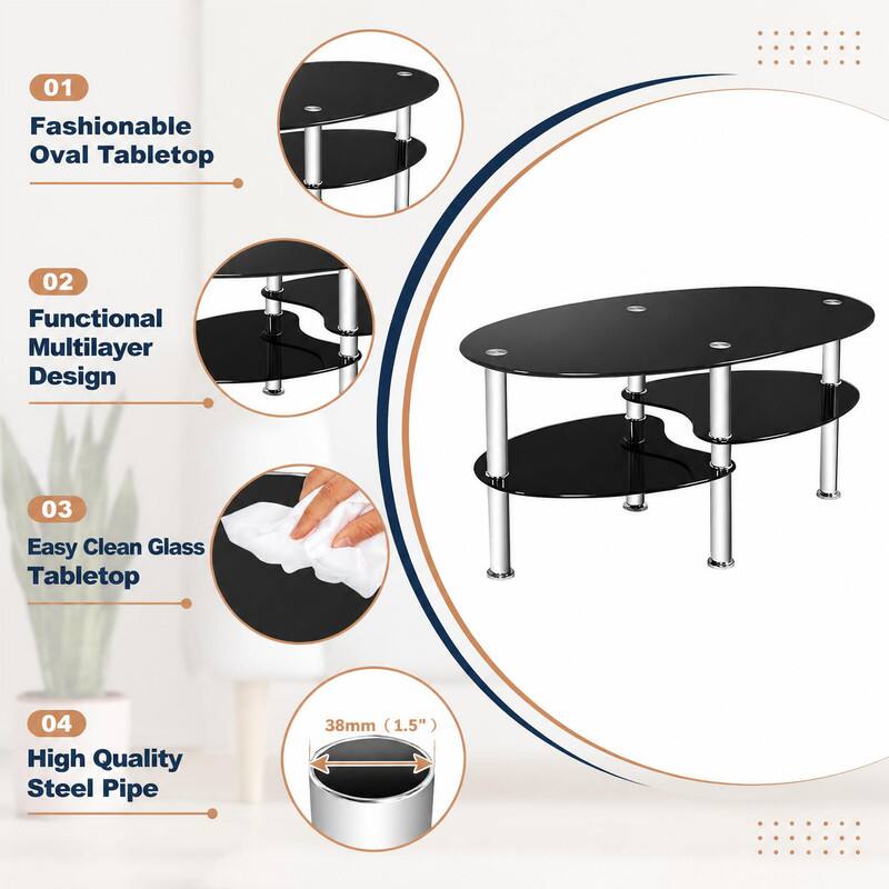 01 Fashionable Oval Tabletop  
02 Functional Multilayer Design  
03 Easy Clean Glass Tabletop  
04 High Quality Steel Pipe  
38mm (1.5")