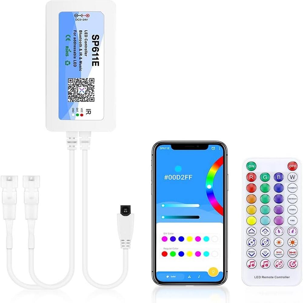 DCS-24V  
For Addressable LED  
Bluetooth & IR Controller  
LED Controller  
SP611E  
CE RoHS  
#00D2FF  
RGBW  
LED Remote Controller  

ON  
OFF  
R  
G  
B  
W  
DIY Color  
Regular Color  
Stars  
Fade  
Fire  
LED Remote Controller