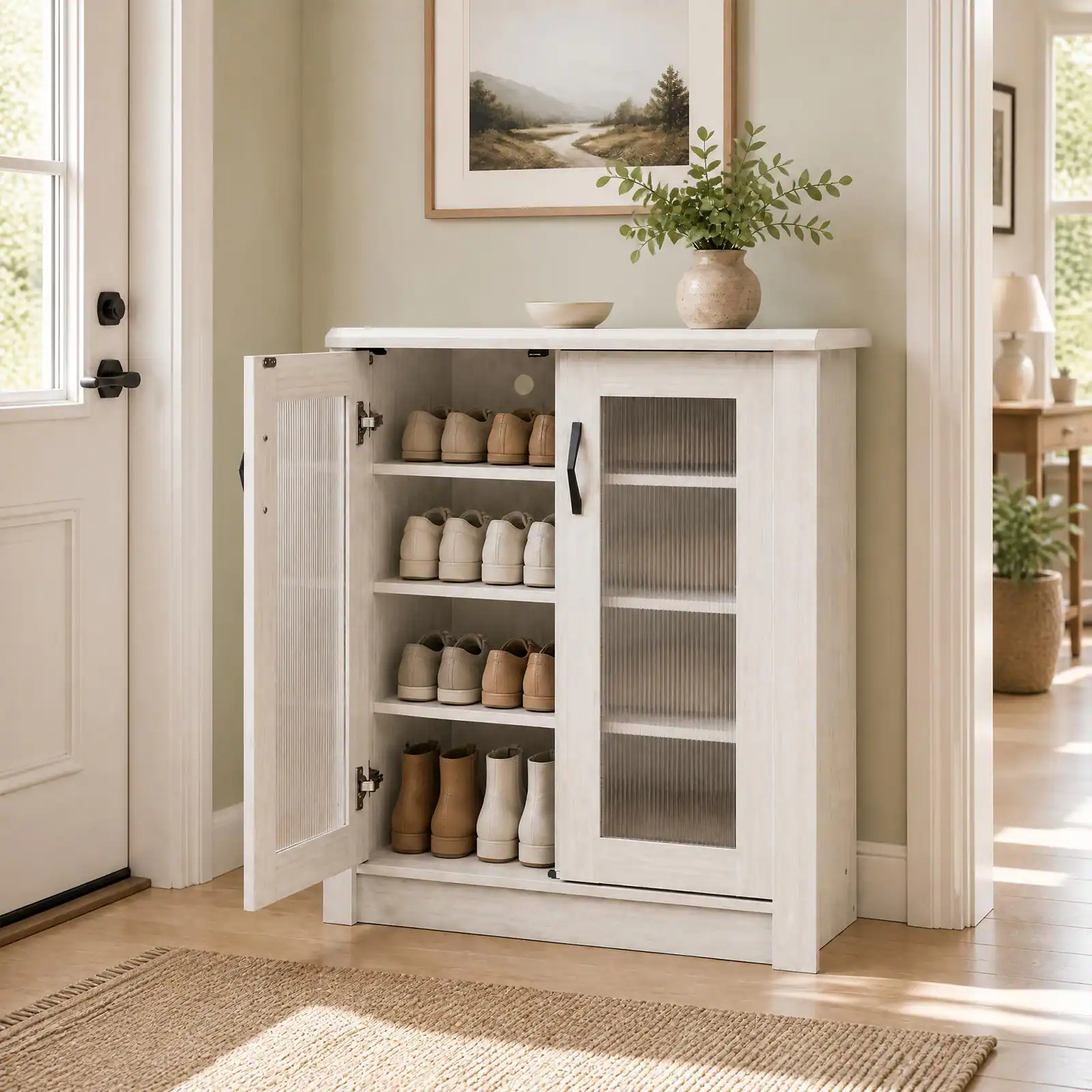 Alt View 1. Costway - Costway 2-Door Shoe Cabinet with Removable Shelves, Fluted Transparent Doors, Cable Holes - 2-Door White.
