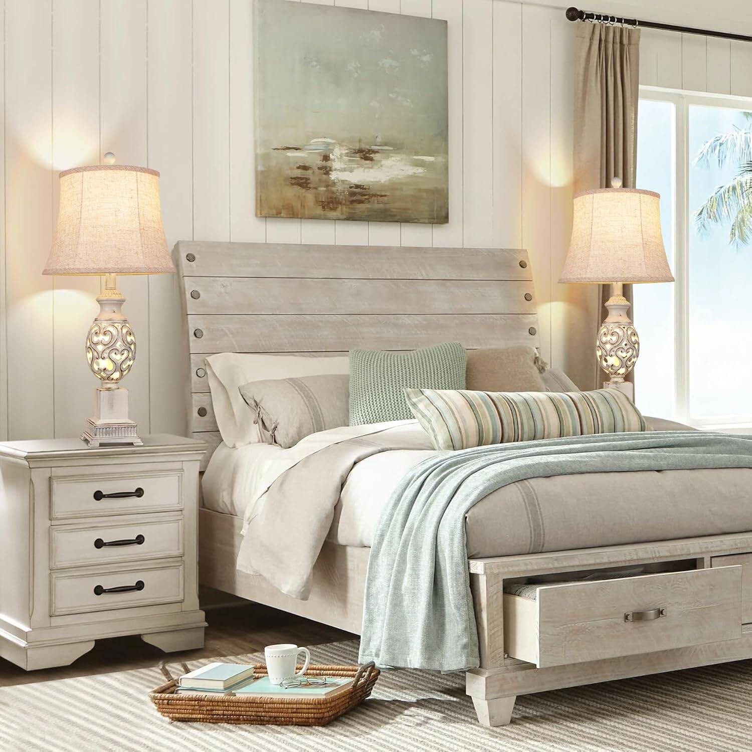 Back. Akoasm - 28 in. H Bedside Lamp Table Lamps Set of 2 with Nightlight, Nightstand Lamps with Linen Shades for Living Room Bedroom.