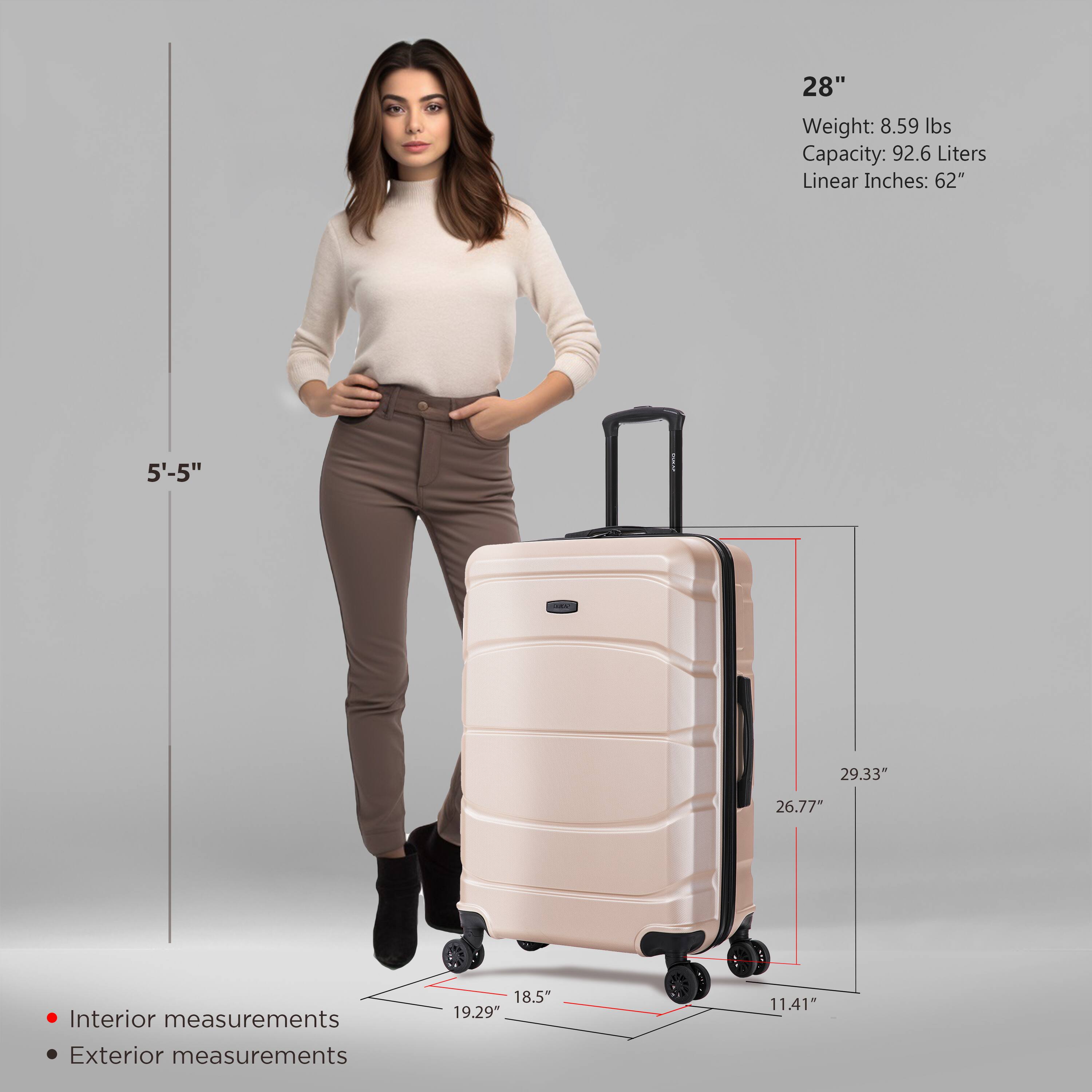 - Height: 28"
- Weight: 8.59 lbs
- Capacity: 92.6 Liters
- Linear Inches: 62"

- Interior measurements:
  - Height: 26.77"
  - Width: 19.29"
  - Depth: 11.41"

- Exterior measurements:
  - Height: 29.33"
  - Width: 18.5"
  - Depth: 18.5"

- Reference height: 5'-5"