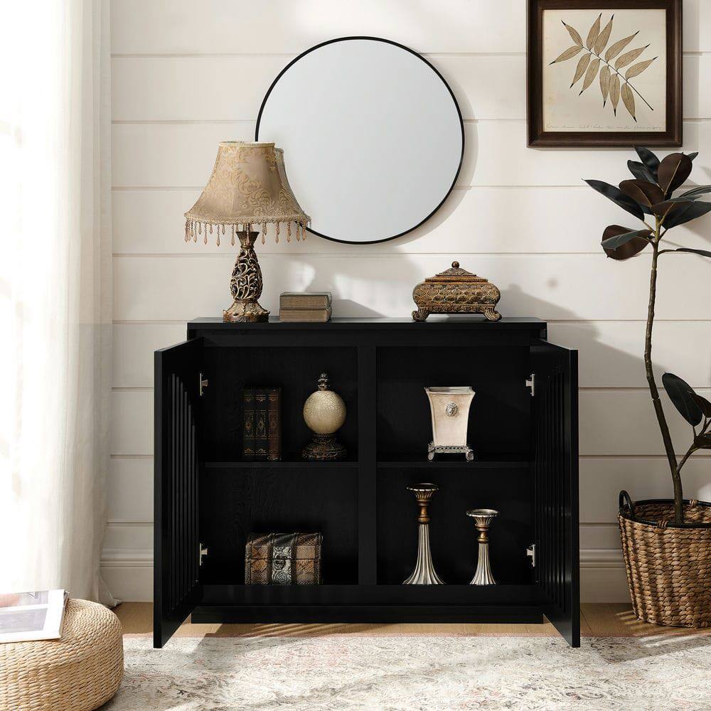 Angle. Kadyn - Mid-Century Fluted Sideboard with 2 Outlet Holes - Black - Black.