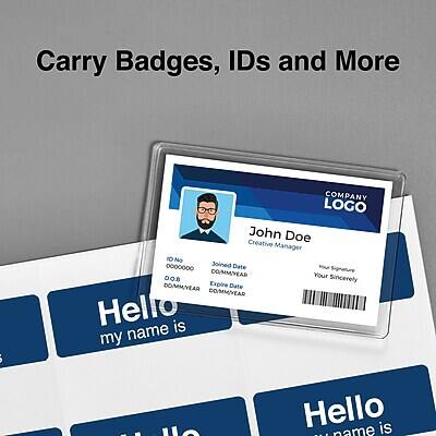 Carry Badges, IDs and More

COMPANY LOGO

John Doe  
Creative Manager

ID No: 0000000  
Joined Date: DOMM/VEAR  
DOB: DOMM/VEAR  
Expire Date: COMM/VEAR

Hello my name is

Your Sincerely: DOMM/VEAR

Hello my name is