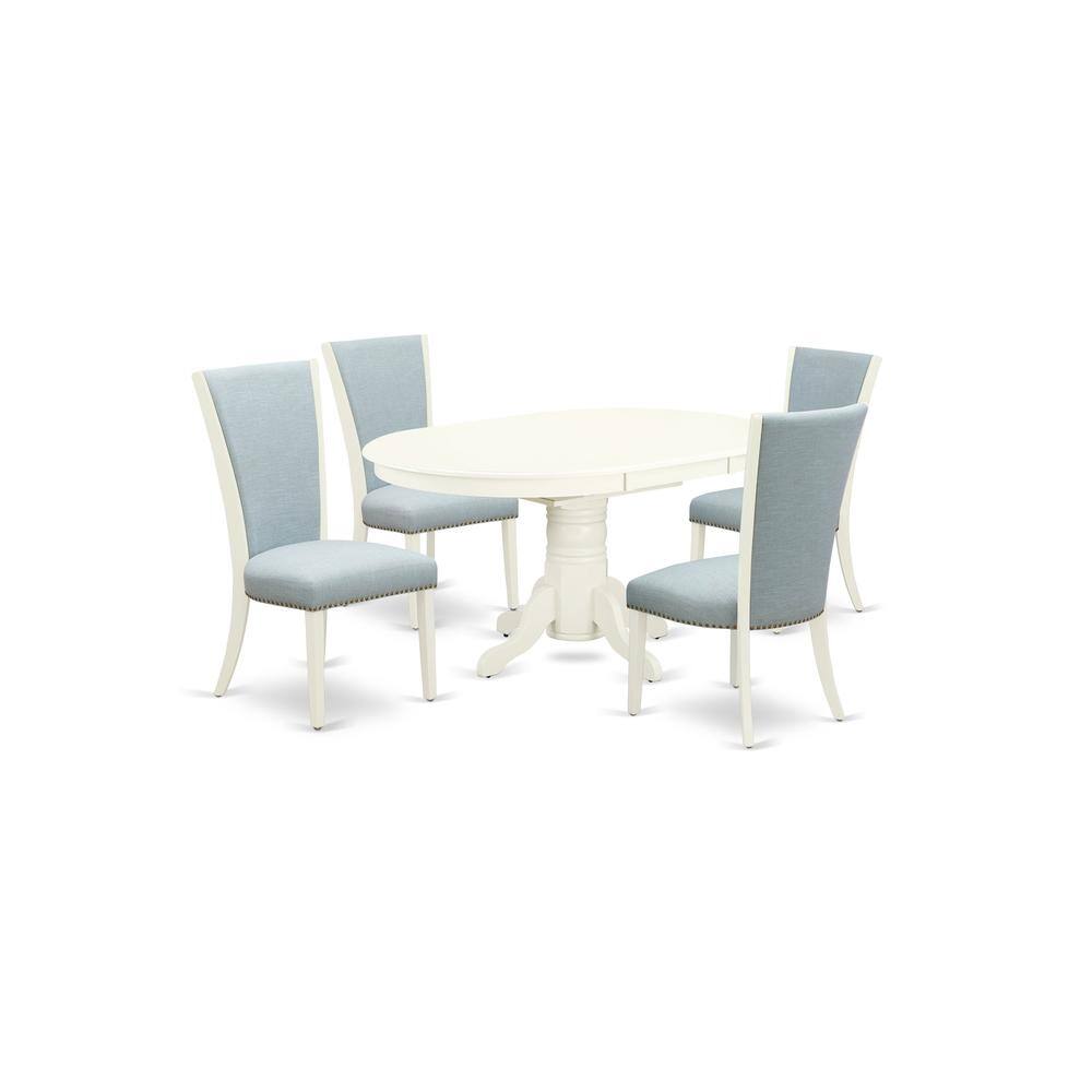 Left. East West Furniture - East-West Furniture AVVE5-LWH-15 - A dining room table set of 4 wonderful parson dining chairs with Linen Fabric Baby - Linen White.