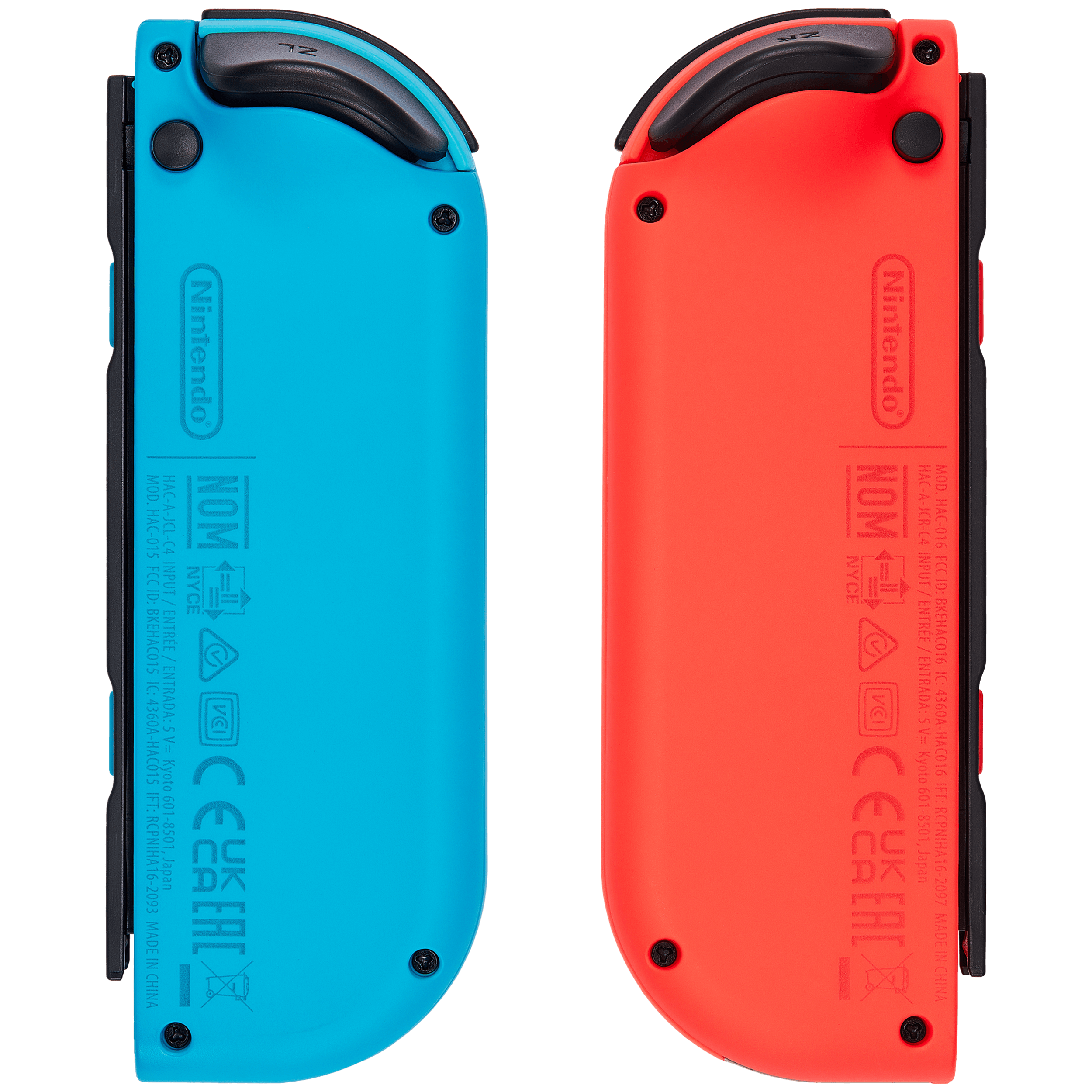 Sure, here is the corrected and grouped text from the image:

**Left (Blue) Side:**
- Nintendo
- NOM
- MOD: HAC-015
- HAC-A-ICL-C4
- INPUT: 5
- VG 4360A-HAC015
- Kyoto
- FT: 601
- 8501
- FT: RCPNIHA16-2093
- Japan
- MADE IN CHINA
- CLEAC
- CE
- UKCA
- FCCID: BKEHAC015
- ENTREE: 5
- ENTRADA: 5
- 6-2093

**Right (Red) Side:**
- Nintendo
- NOM
- MOD: HAC-016
- HAC-A-JCR-C4
- INPUT: 5
- VG 4360A-HAC016
- Kyoto
- FT: 601
- 3501
- FT: RCPNIHA16-2097
- Japan
- MADE IN CHINA
- CLEAC