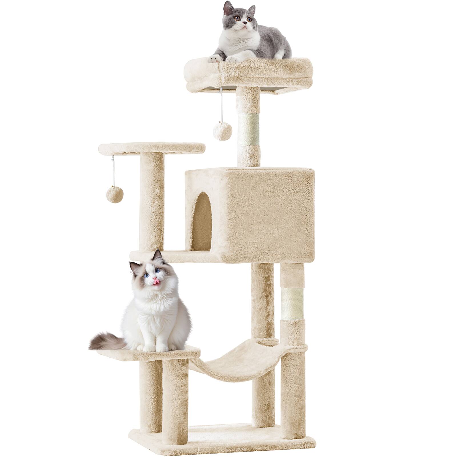 Left. AENKYO - 44" Cat Tree Tower Multi-Cat Climbing Tower with Natural Sisal Scratching Posts, Extended Platform - Beige.