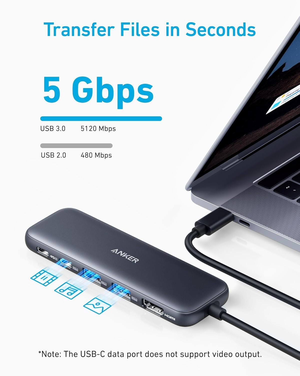 Transfer Files in Seconds
5 Gbps
USB 3.0 5120 Mbps
USB 2.0 480 Mbps
*Note: The USB-C data port does not support video output.