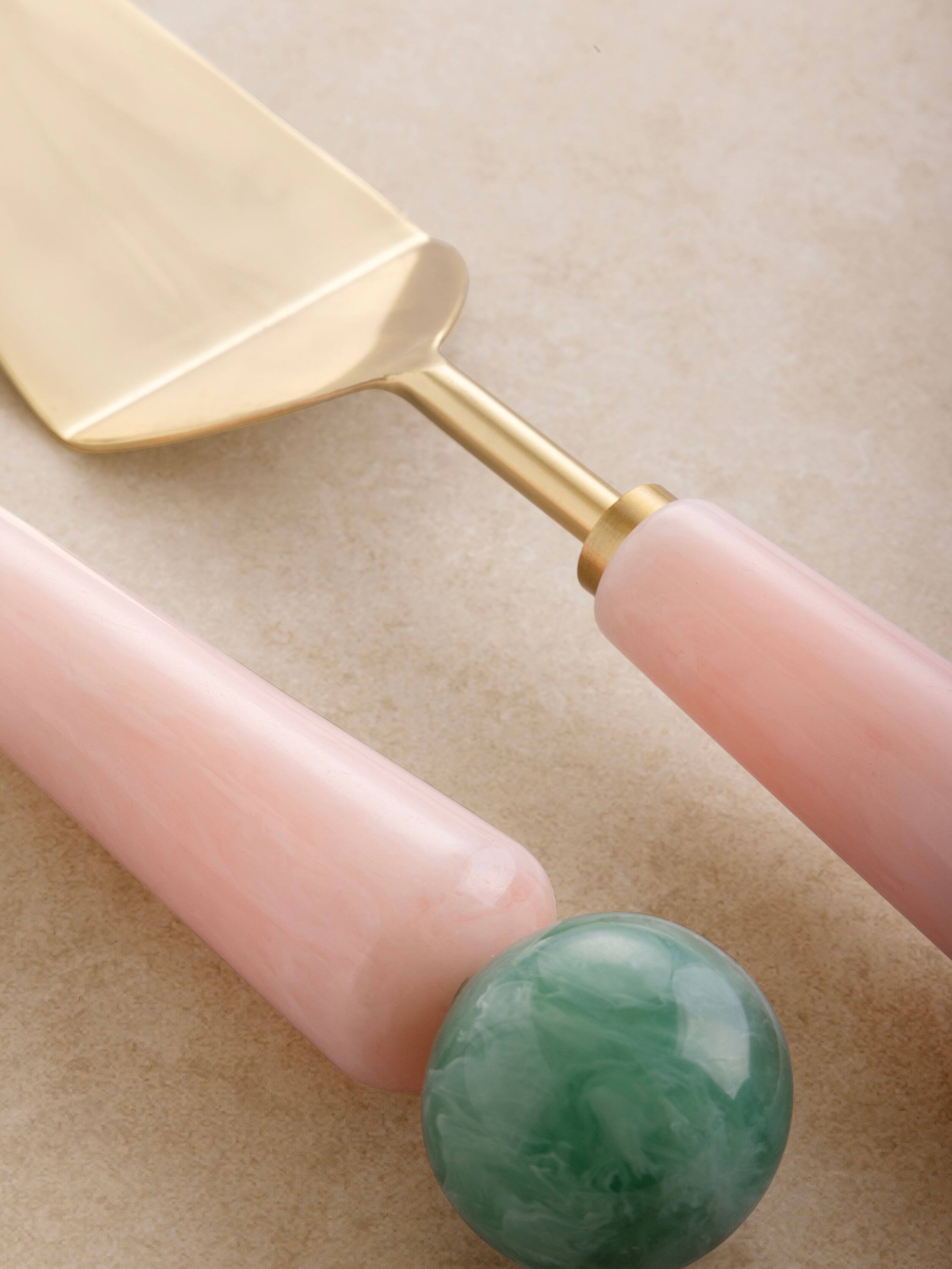 Angle. GAURI KOHLI - Copenhagen Cake Servers - Shades of pink, green and gold.