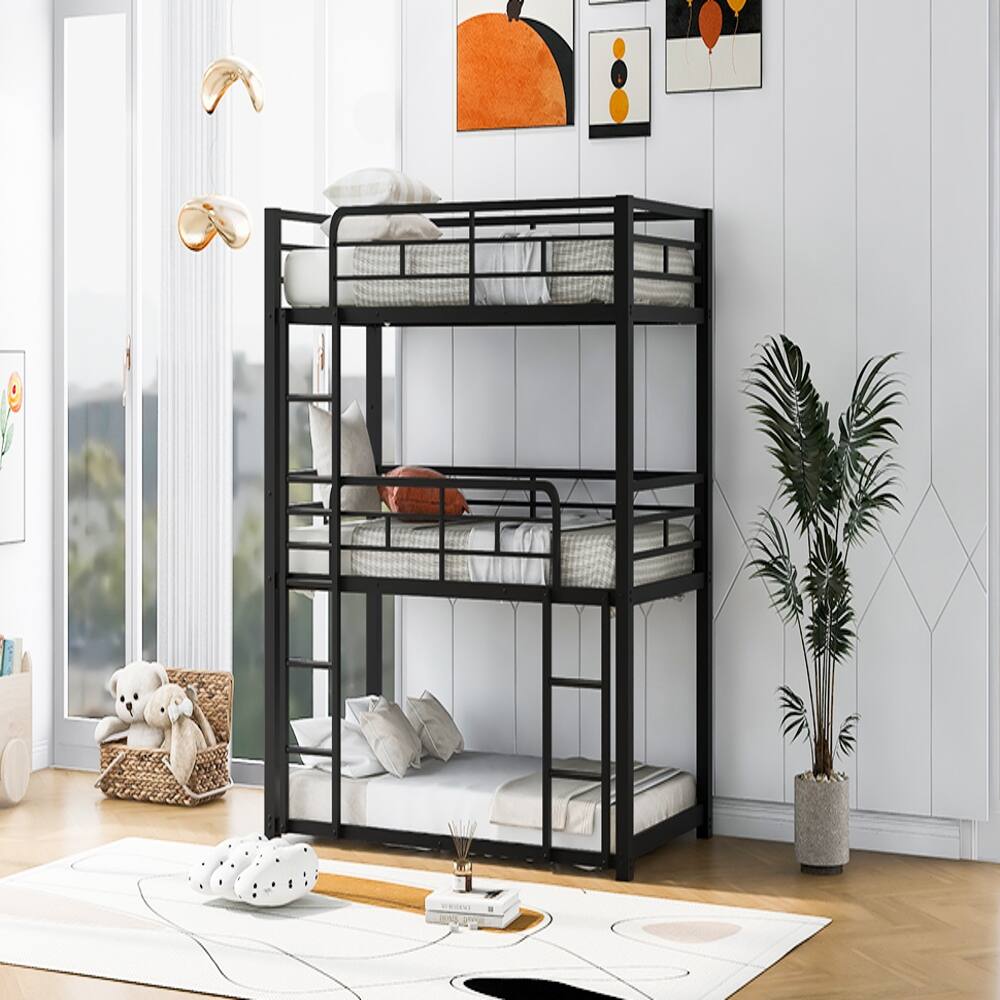 Alt View 3. Loheer - Loheer Metal Triple Bunk Bed Twin Over Twin Over Twin Black Heavy Duty Space Saving Frame - Black.