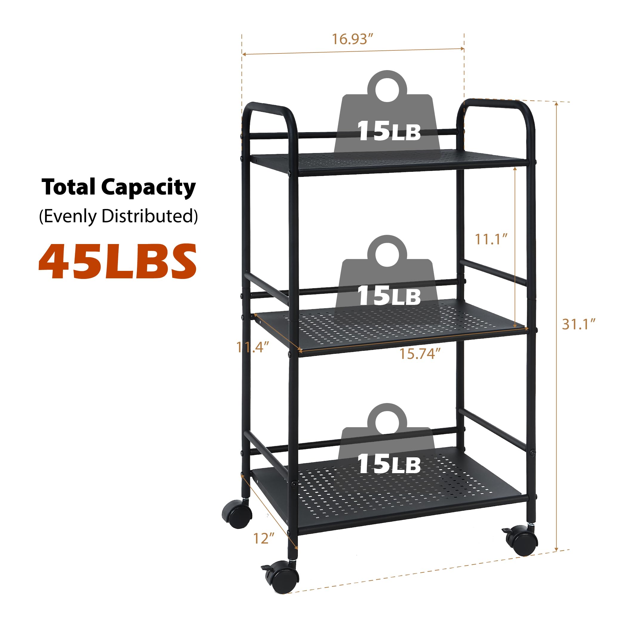 Total Capacity (Evenly Distributed)  
45LBS  

16.93"  
15LB  

11.1"  
15LB  

15.74"  
15LB  

11.4"  
15LB  

31.1"  
12"
