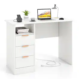 Gymax - 42.5'' Home Office Desk w/ Power Outlet 3 Storage Drawers & Open Compartment - White, Gold
