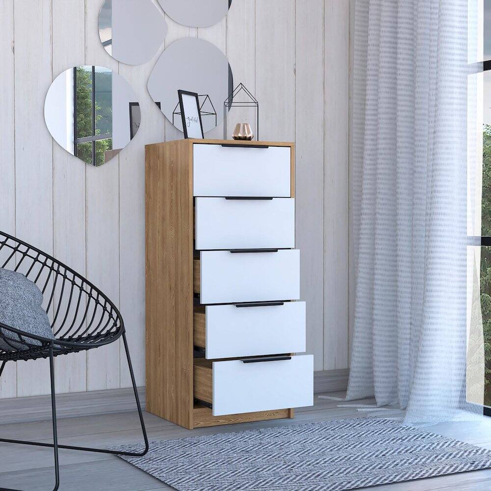 Alt View 4. TuHome - Kaia 5 Drawer Dresser, Vertical Dresser - White / Pine.