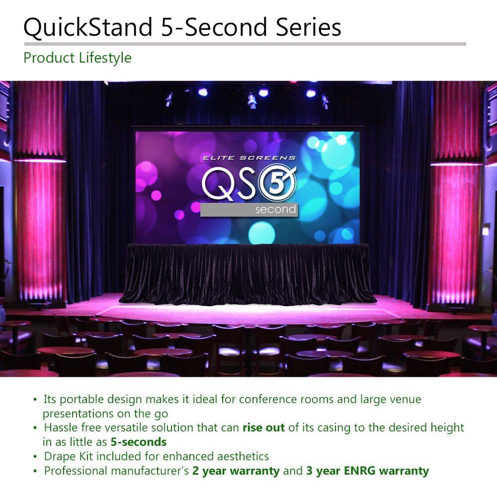 QuickStand 5-Second Series

Product Lifestyle

- Its portable design makes it ideal for conference rooms and large venue presentations on the go
- Hassle free versatile solution that can rise out of its casing to the desired height in as little as 5-seconds
- Drape Kit included for enhanced aesthetics
- Professional manufacturer's 2 year warranty and 3 year ENRG warranty