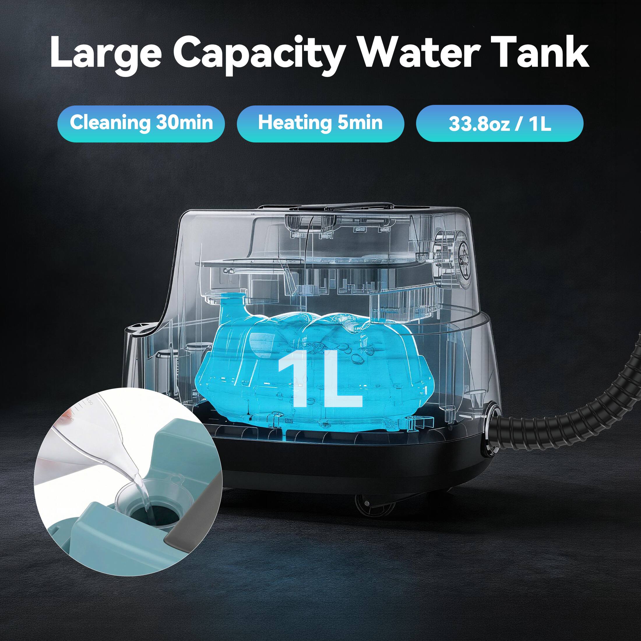 Large Capacity Water Tank  
Cleaning 30min  
Heating 5min  
33.8oz / 1L