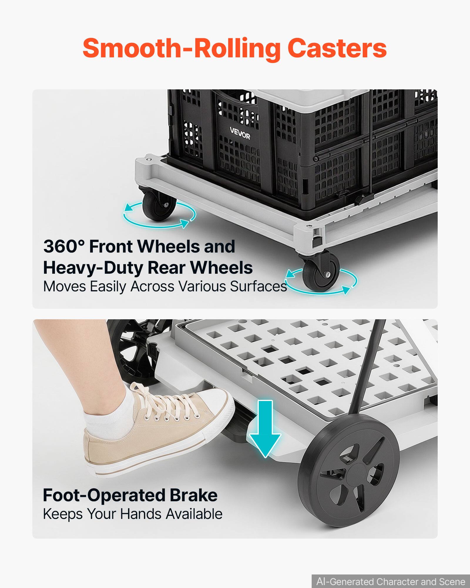 Smooth-Rolling Casters VEVOR

360° Front Wheels and Heavy-Duty Rear Wheels
Moves Easily Across Various Surfaces

Foot-Operated Brake
Keeps Your Hands Available

AI-Generated Character and Scene