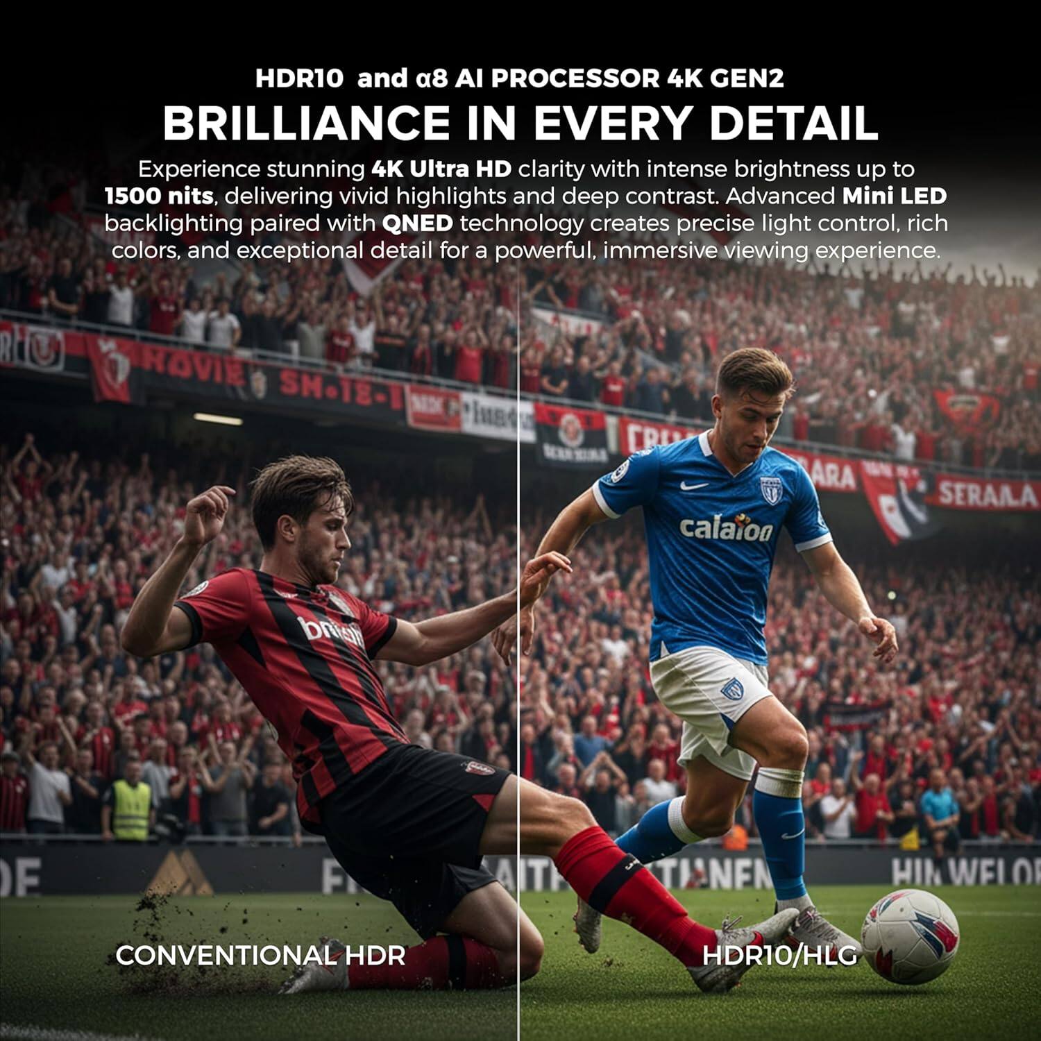 HDR10 and a8 AI Processor 4K GEN2 BRILLIANCE IN EVERY DETAIL

Experience stunning 4K Ultra HD clarity with intense brightness up to 1500 nits, delivering vivid highlights and deep contrast. Advanced Mini LED backlighting paired with QNED technology creates precise light control, rich colors, and exceptional detail for a powerful, immersive viewing experience.

CONVENTIONAL HDR
HDR10/HLG
