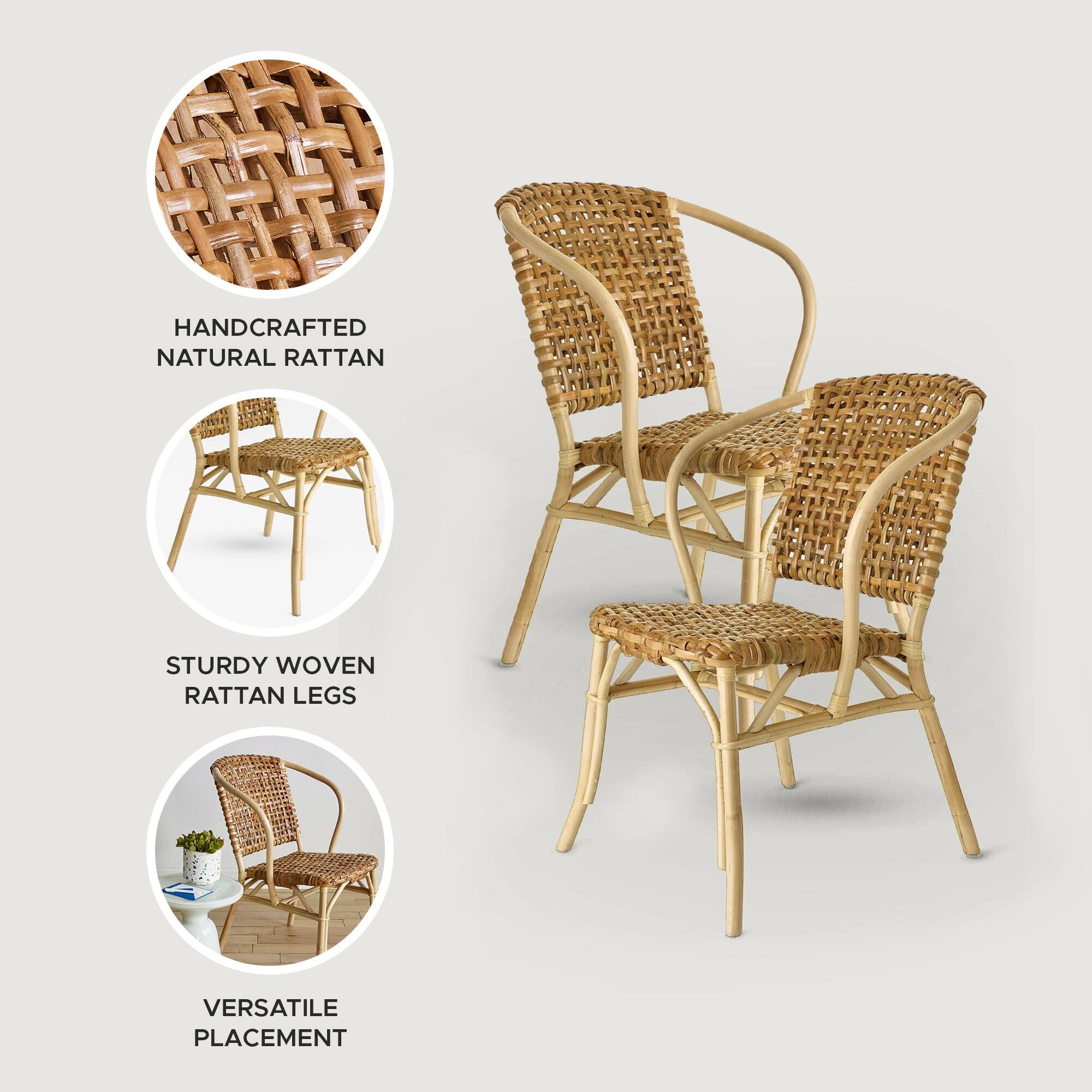HANDCRAFTED NATURAL RATTAN  
STURDY WOVEN RATTAN LEGS  
VERSATILE PLACEMENT