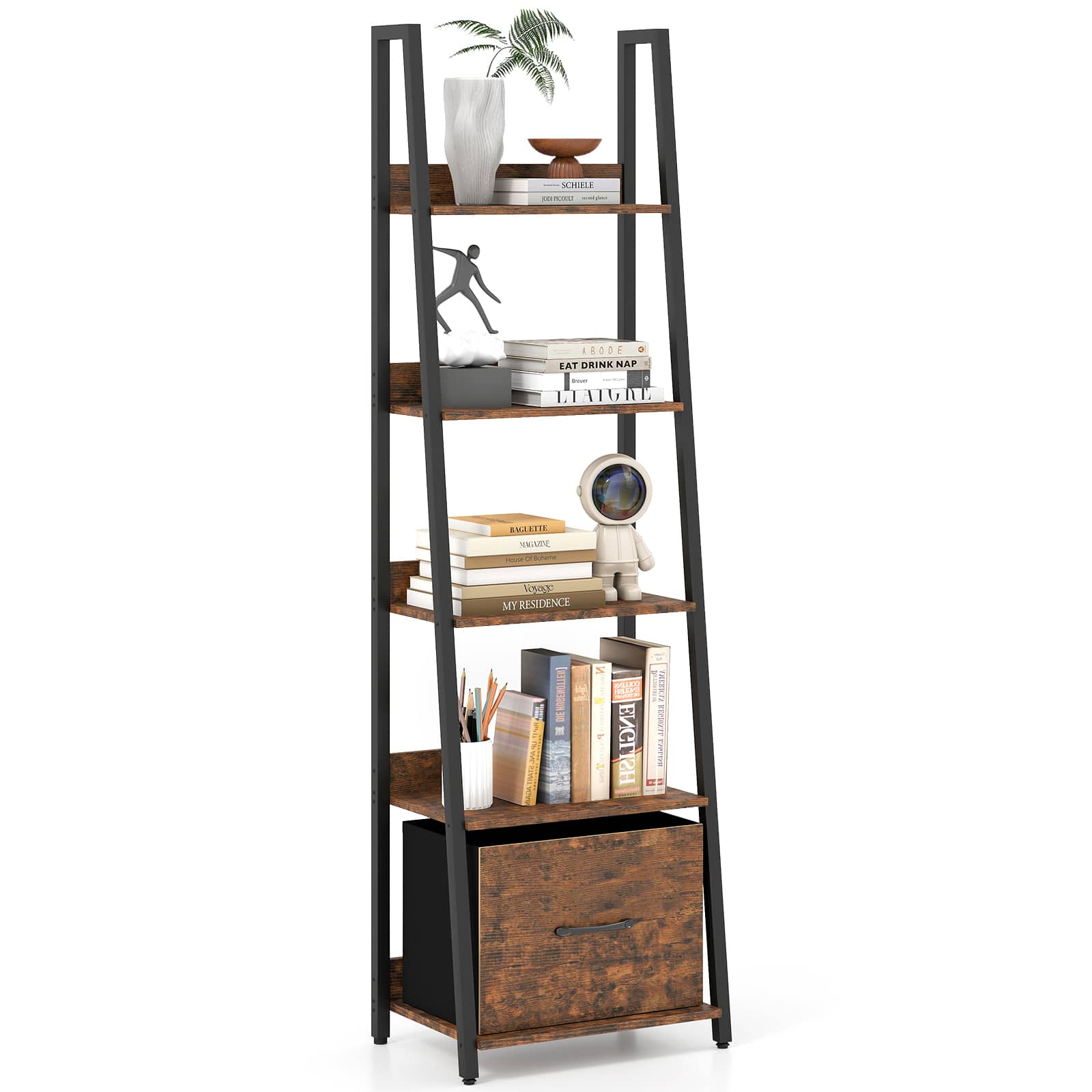 Costway - 1 PCS Ladder Bookshelf,Industrial Freestanding Bookcase with Removable Fabric Drawer - Rustic Brown
