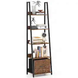Costway - 1 PCS Ladder Bookshelf,Industrial Freestanding Bookcase with Removable Fabric Drawer - Rustic Brown