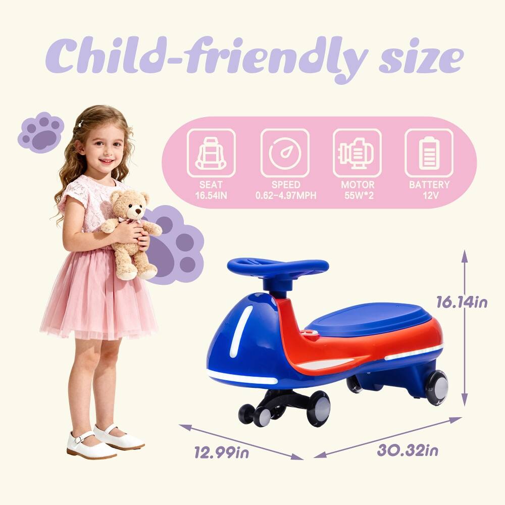 Child-friendly size

SEAT 16.54IN  
SPEED 0.62-4.97MPH  
MOTOR 55W*2  
BATTERY 12V

16.14in  
12.99in  
30.32in